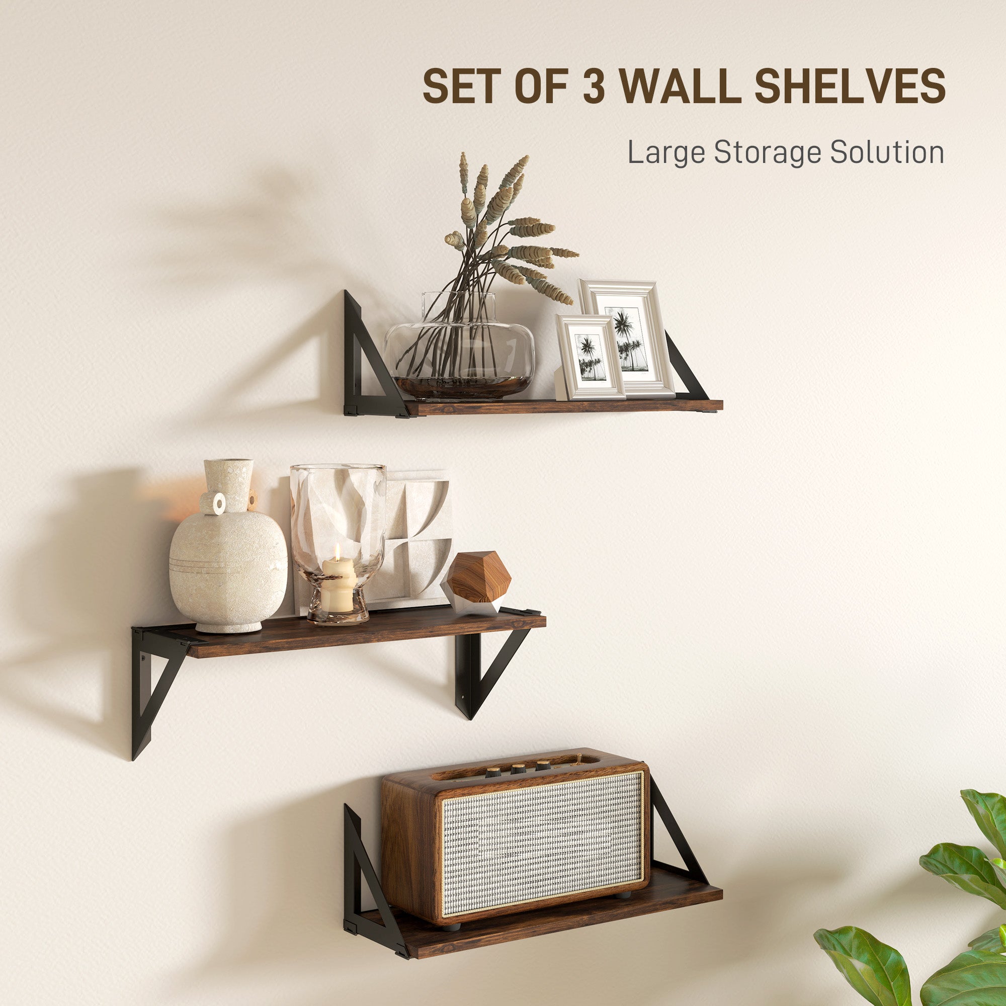 HOMCOM Set of 3 Wall Mounted Floating Shelves, Vintage Wall Shelves for Living Room, Entryway, Bedroom, Rustic Brown - North Peak Garden Furniture