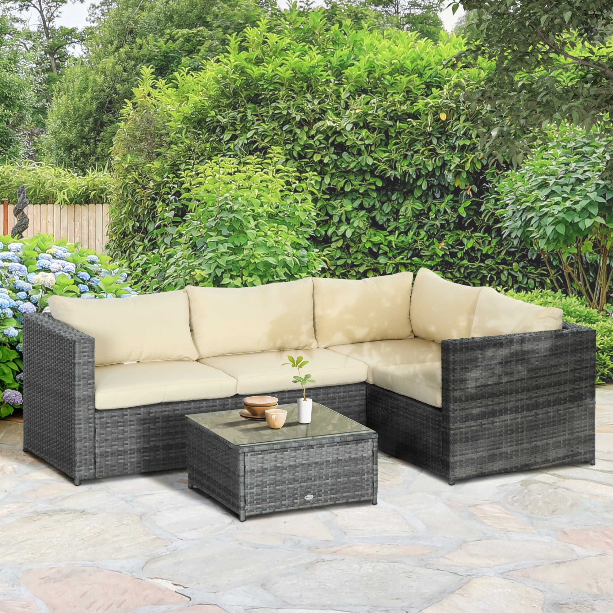 Outsunny 3 Pieces PE Rattan Garden Furniture Set with 10cm Thick Cushions, 4 Seater Outdoor Patio Corner Sofa Set with Glass Top Coffee Table, Beige - North Peak Garden Furniture