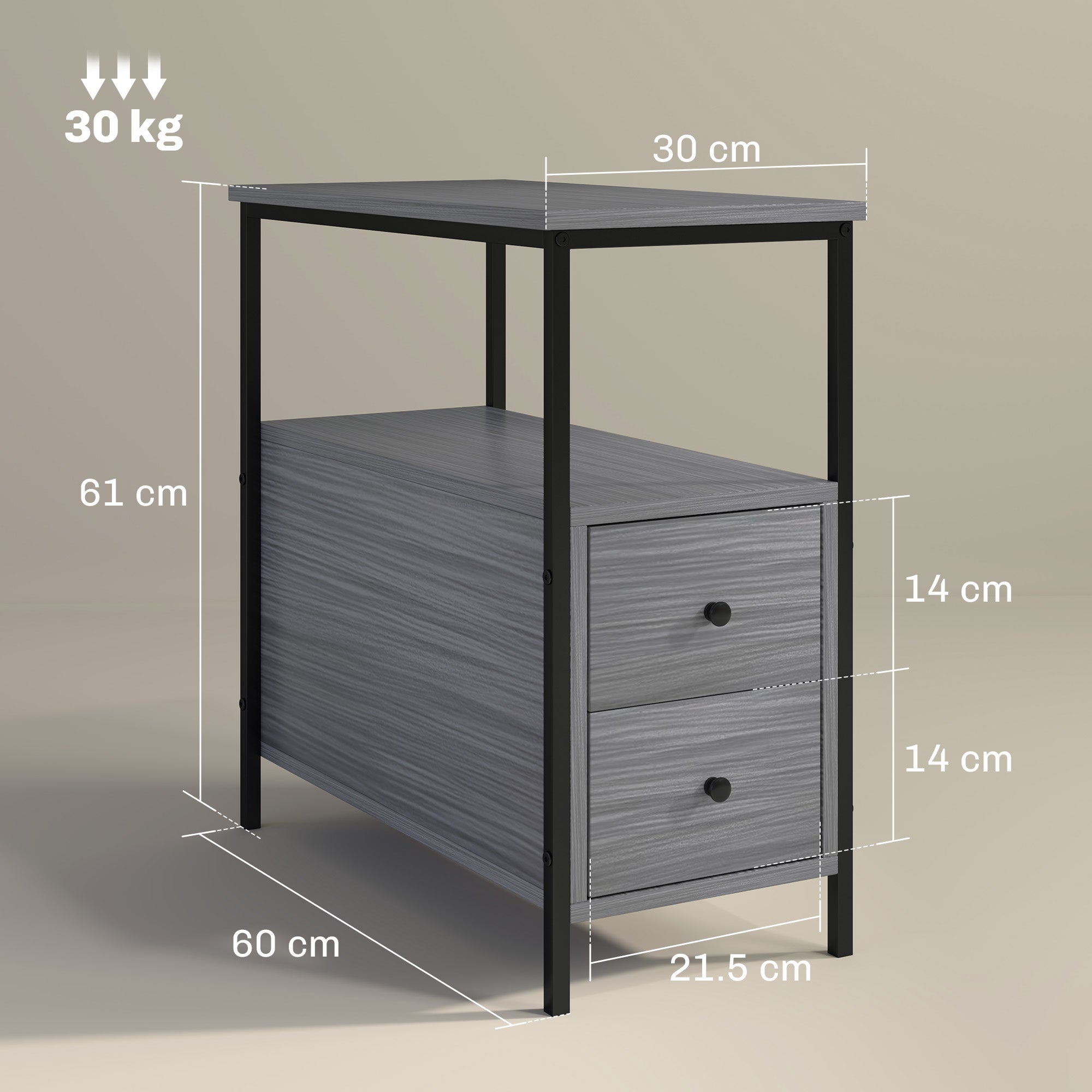 HOMCOM Side Table, Narrow Bedside Table with 2 Drawers and Storage Shelf, Industrial End Table with Metal Frame for Small Spaces, Grey Wood Grain - North Peak Garden Furniture