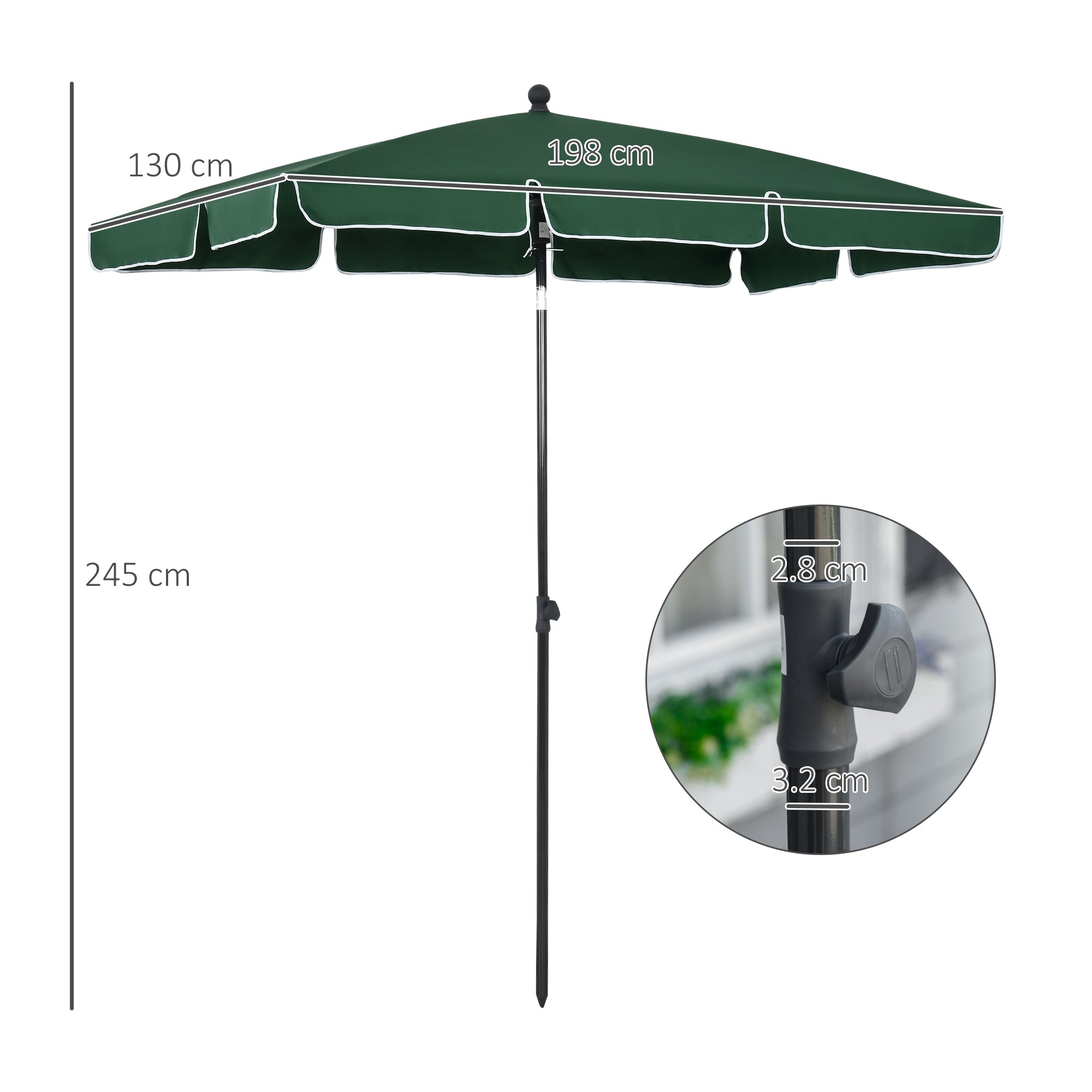 Outsunny Garden Parasol Umbrella, Outdoor Market Table Umbrella with Ruffles & Aluminium Pole, Rectangular Tilting Parasol Sun Shade Canopy, 2 x 1.3m, Green - North Peak Garden Furniture