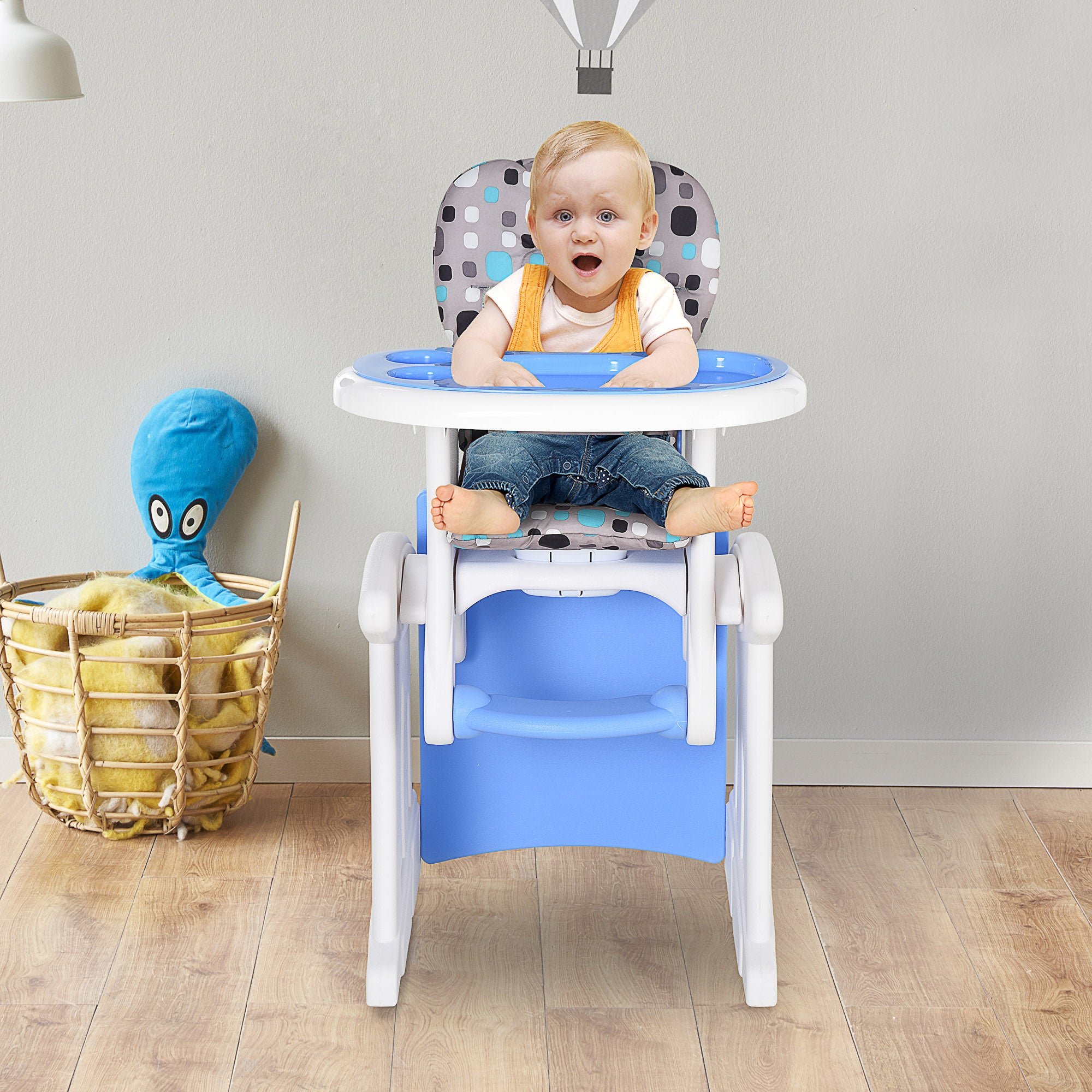 HOMCOM 2 in 1 Convertible Baby High Chair Toddler Table Chair Infant Feeding Seat Removable Food Tray Safety Harness Blue - North Peak Garden Furniture