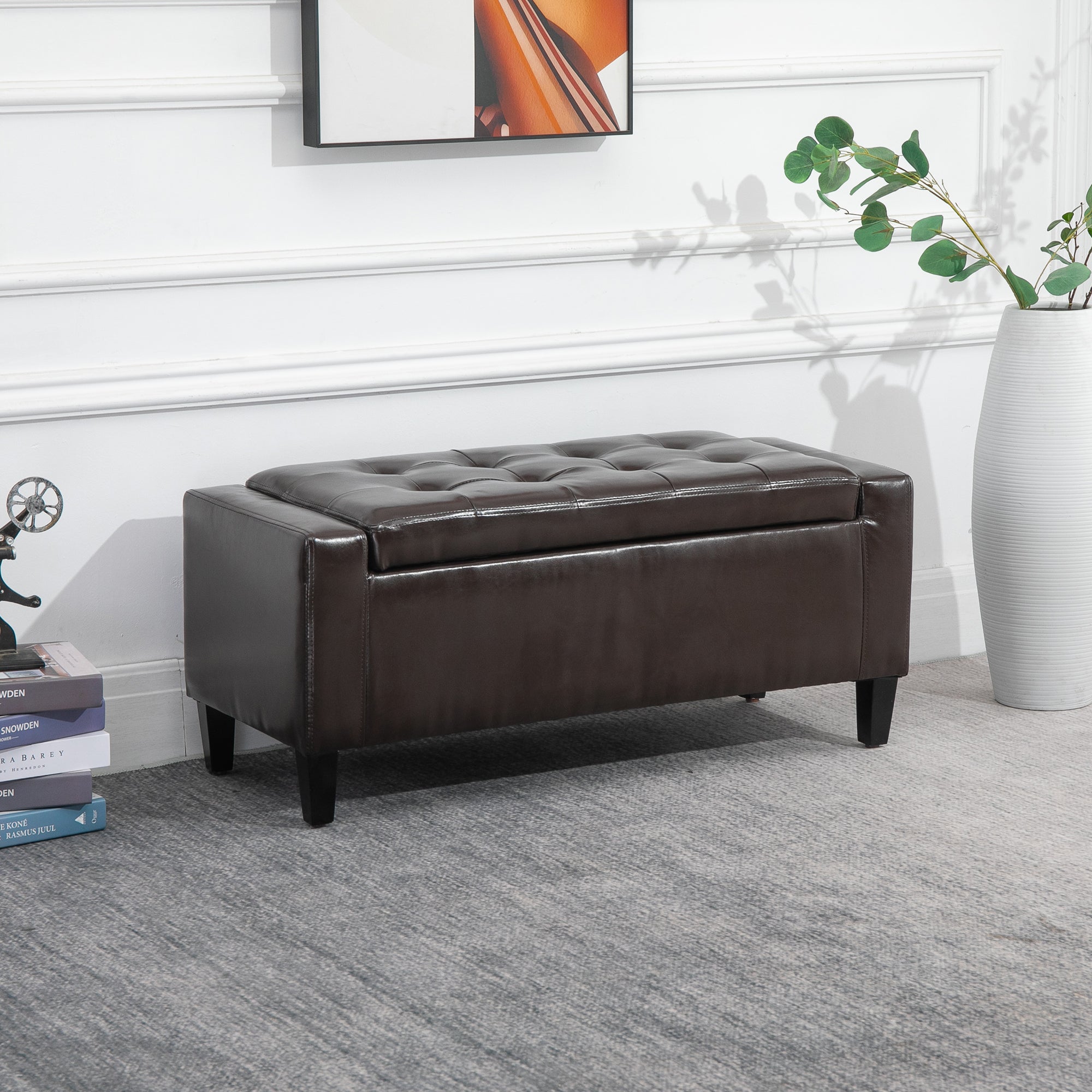 HOMCOM PU Leather Storage Ottoman Bench Storage Chest Tufted Ottoman Cube w/ Flipping Top 92L x 40W x 40H cm Brown - North Peak Garden Furniture