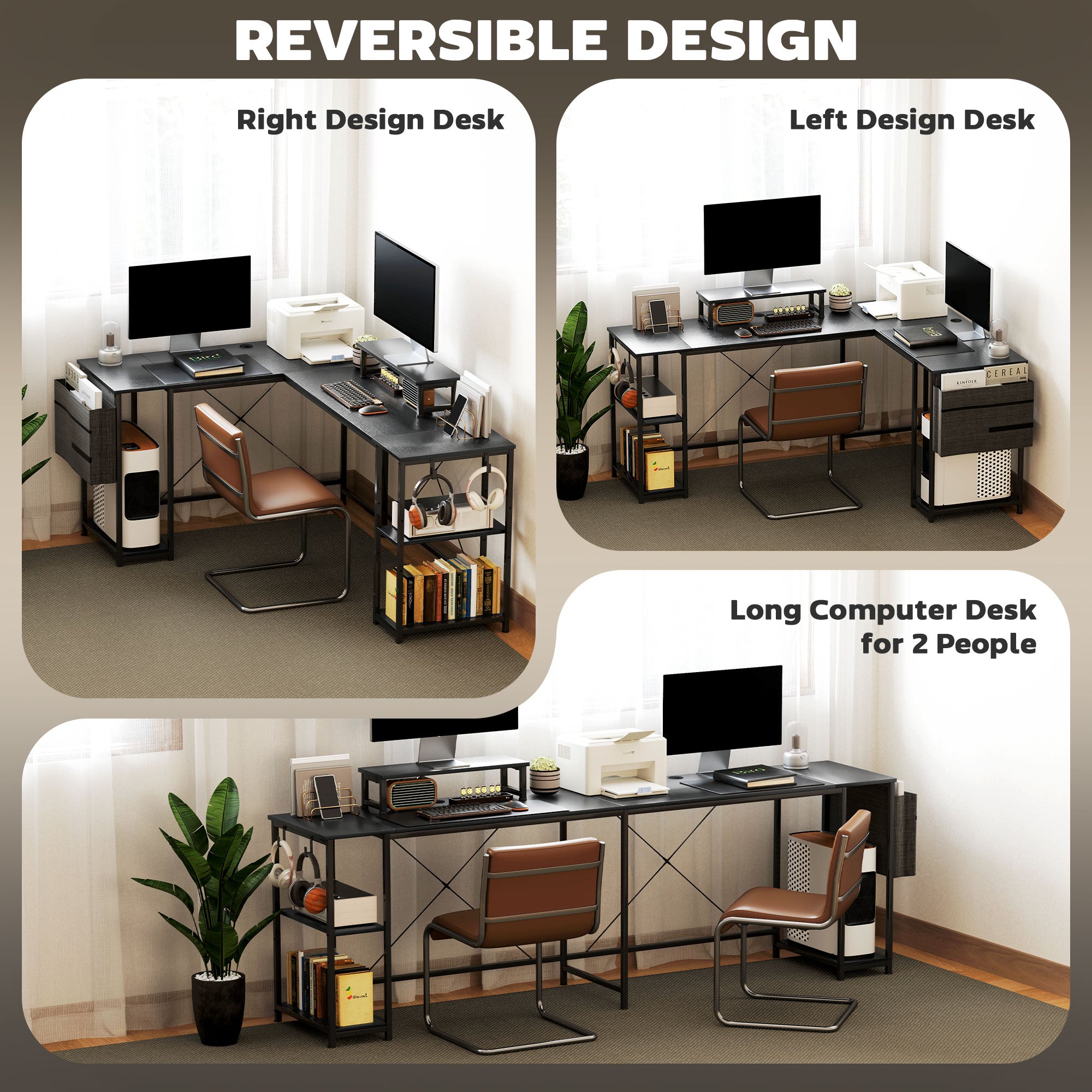 HOMCOM 168cm Reversible L Shaped Desk, Industrial Corner Computer Desk with Adjustable Shelf and Storage Bag, 240cm 2 Person Desk with Monitor Stand, Black - North Peak Garden Furniture