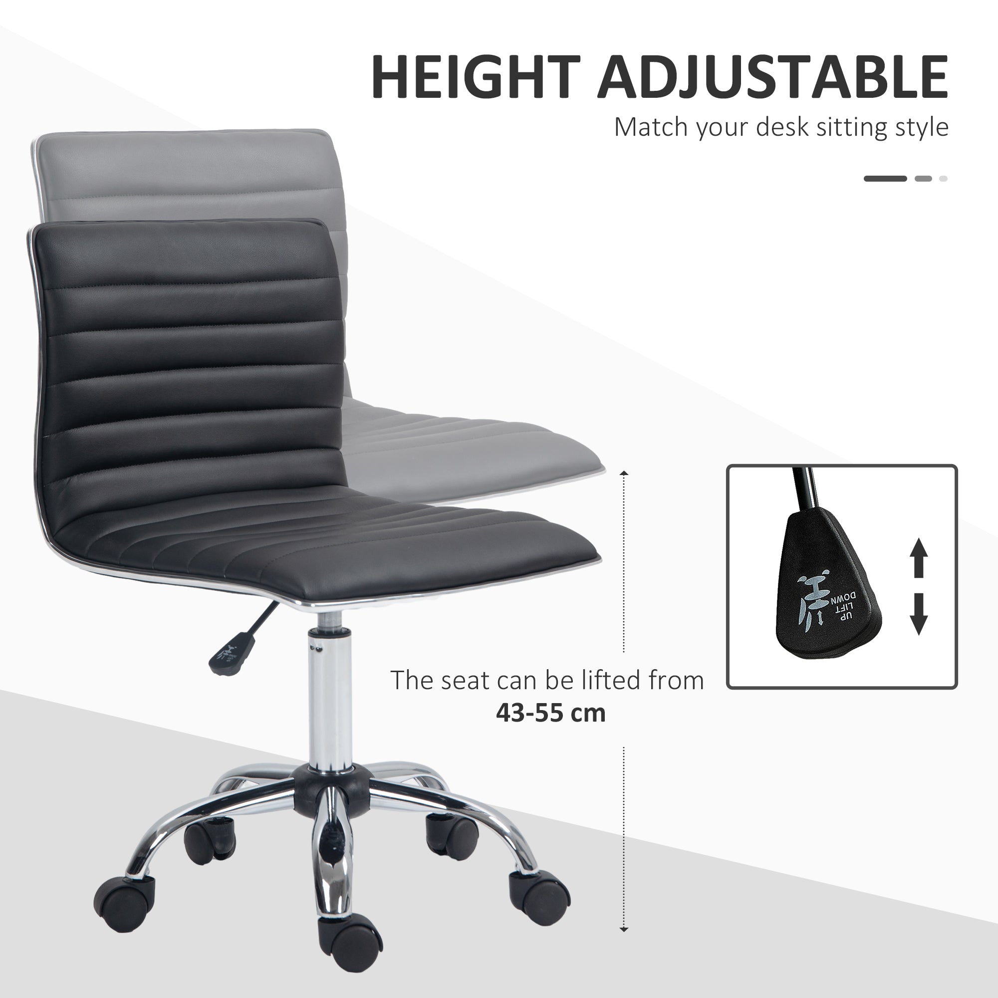 HOMCOM Adjustable Swivel Office Chair with Armless Mid-Back in PU Leather and Chrome Base - Black - North Peak Garden Furniture