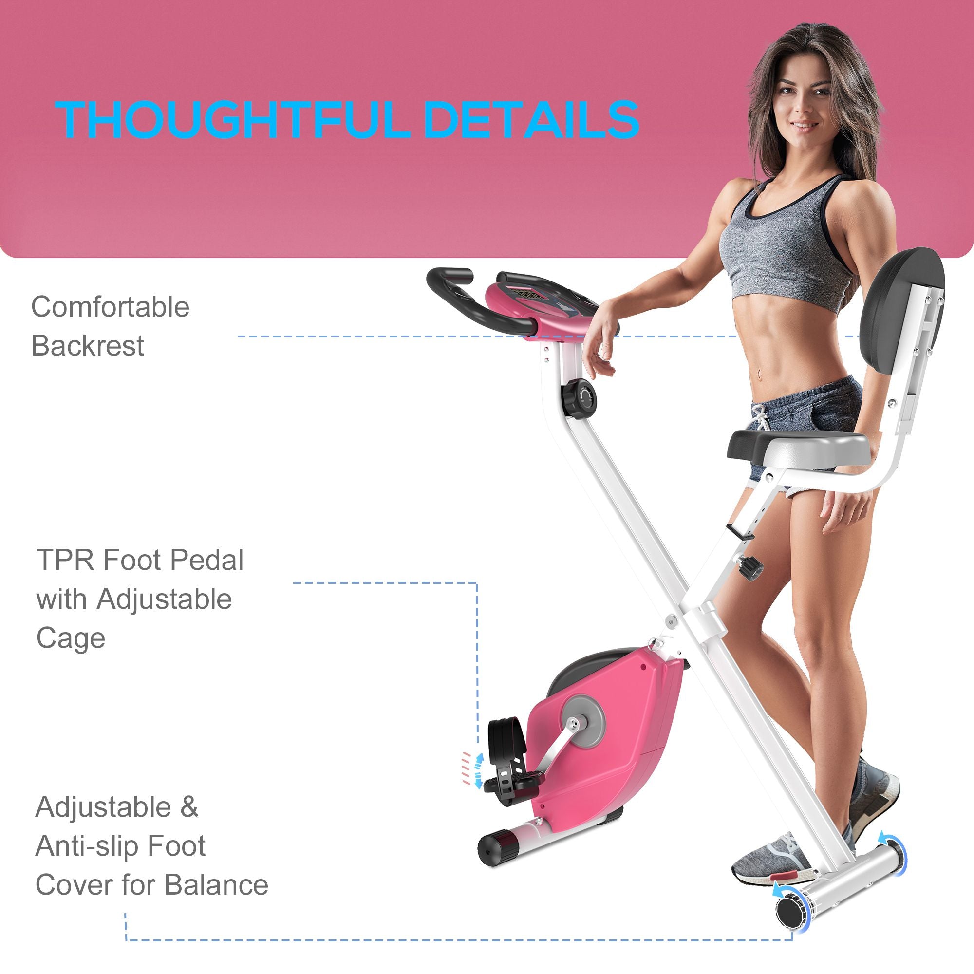 HOMCOM Exercise Bike Fitness Bicycle Indoor trainer Foldable 8-level Magnetic Resistance Adjustable w/LCD Monitor Pulse Sensor, Pink - North Peak Garden Furniture