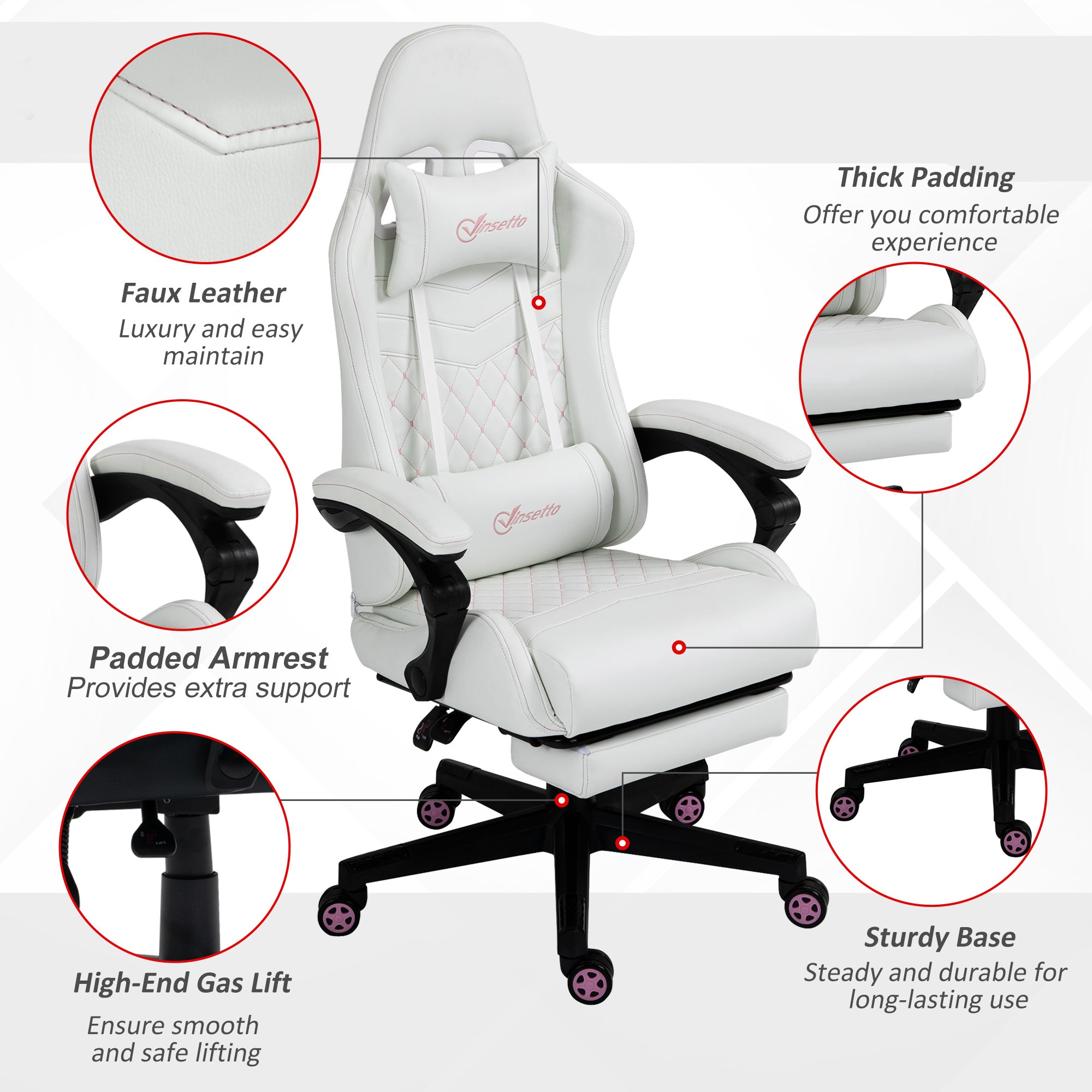 Vinsetto Computer Gaming Chair with Footrest, Video Gaming Chair for Adults with 130° Reclining Back, Desk Chair with Lumbar Support and Adjustable Height, White