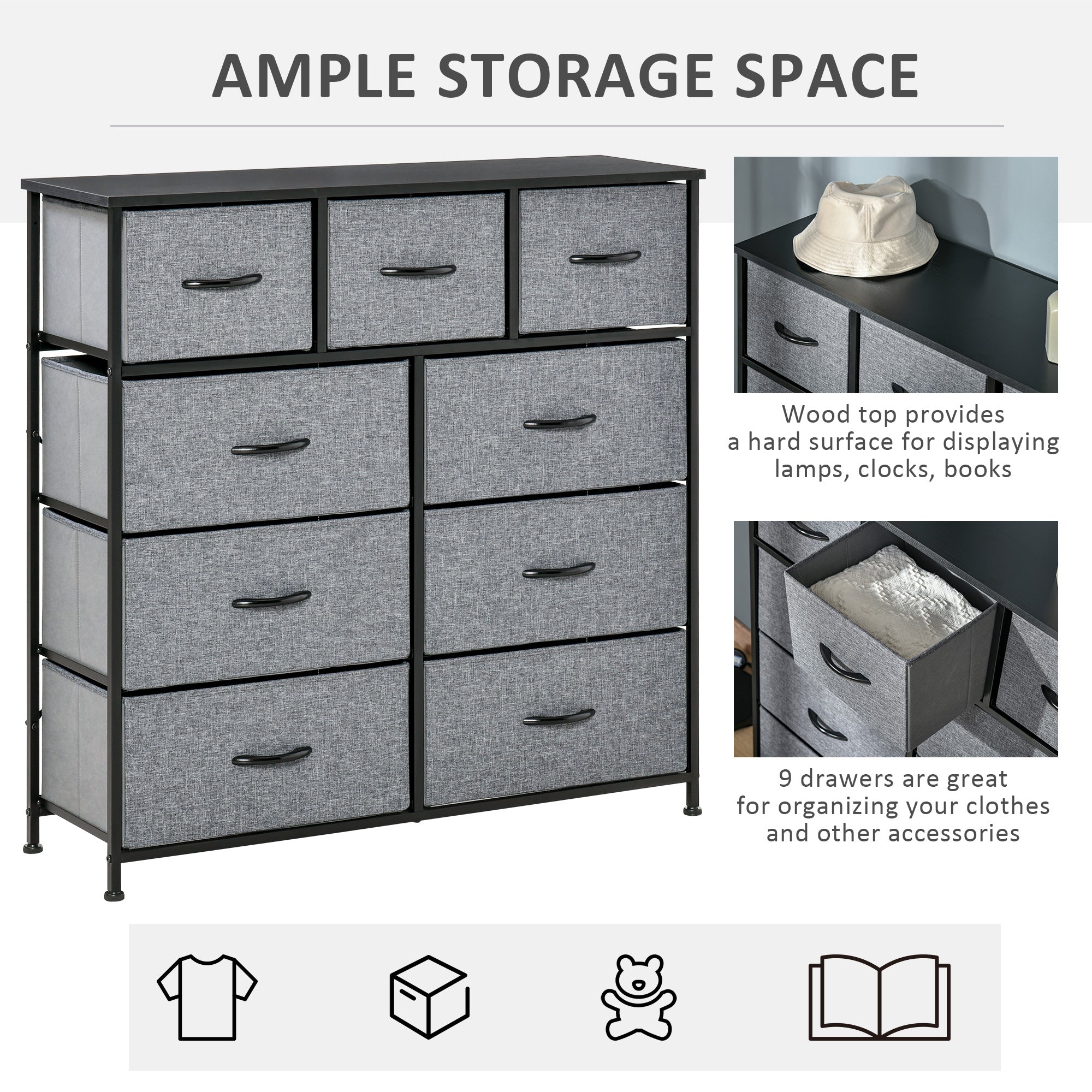 HOMCOM 9 Drawers Storage Chest Dresser Organizer Unit , Easy Pull Fabric Bins, for Bedroom, Hallway, Entryway, Black & Grey - North Peak Garden Furniture