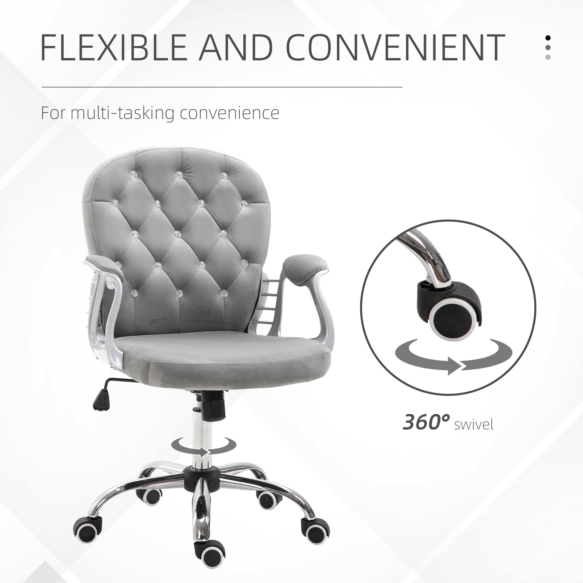 Vinsetto Office Chair, Swivel Desk Chair, Velvet Vanity Chair with Adjustable Height and Rolling Wheels for Home Work Study, Grey - North Peak Garden Furniture