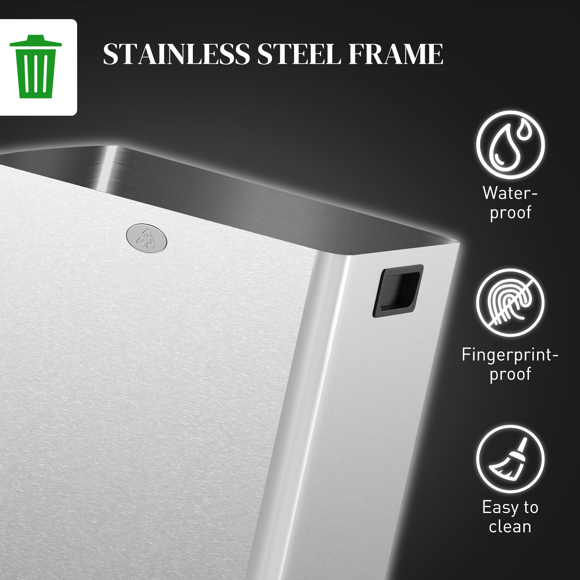 HOMCOM 40L Dual Compartment Stainless Steel Bin, with Deodoriser Holders - Silver Tone - North Peak Garden Furniture