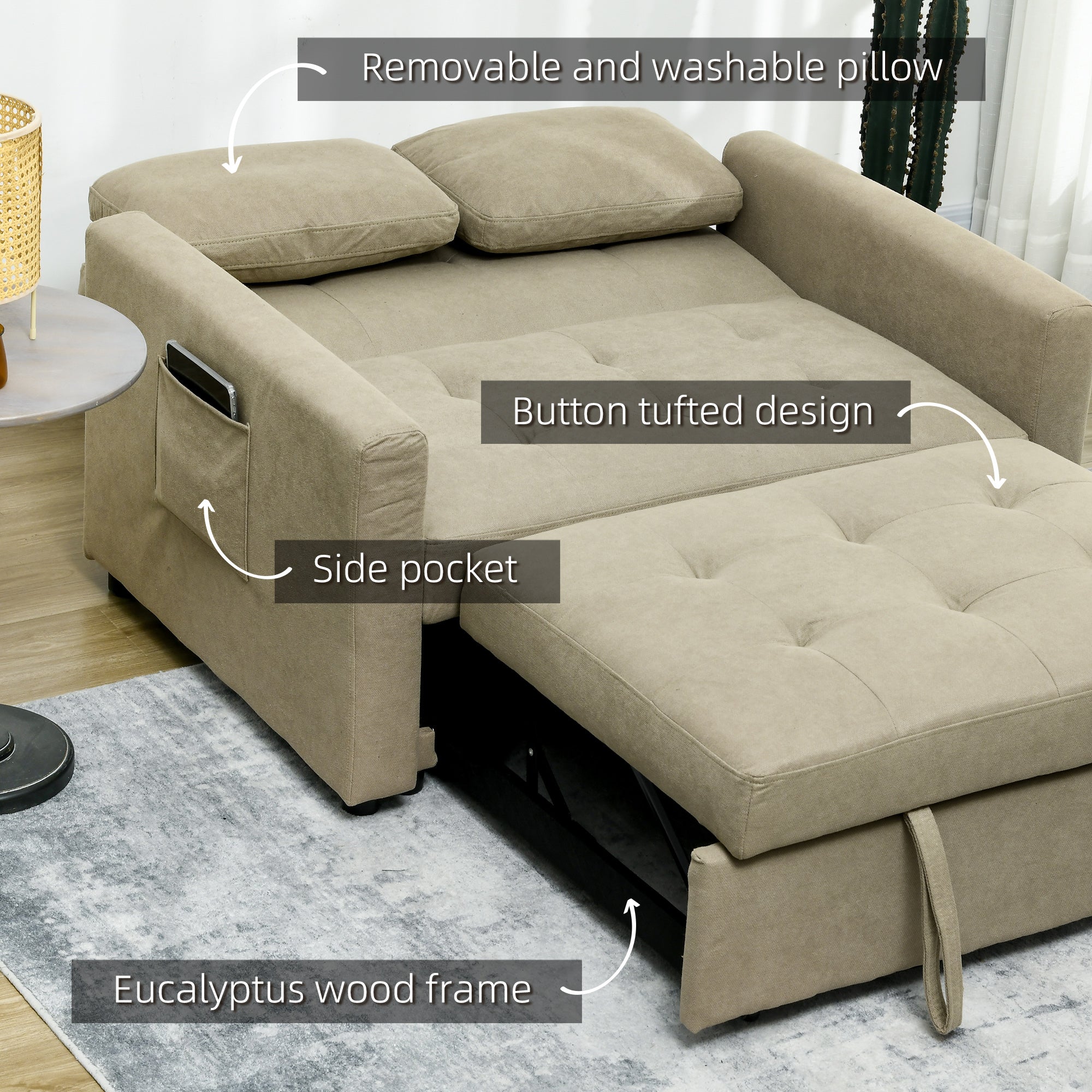 HOMCOM Loveseat Sofa Bed, Convertible Bed Settee with 2 Cushions, Side Pockets for Living Room, Light Brown - North Peak Garden Furniture