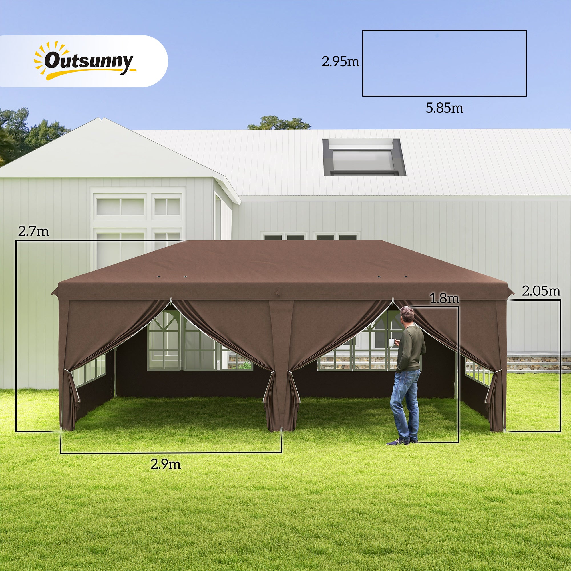 Outsunny 3 x 6 m Pop Up Gazebo with Sides and Windows, Height Adjustable Party Tent with Storage Bag for Garden, Camping, Event, Brown