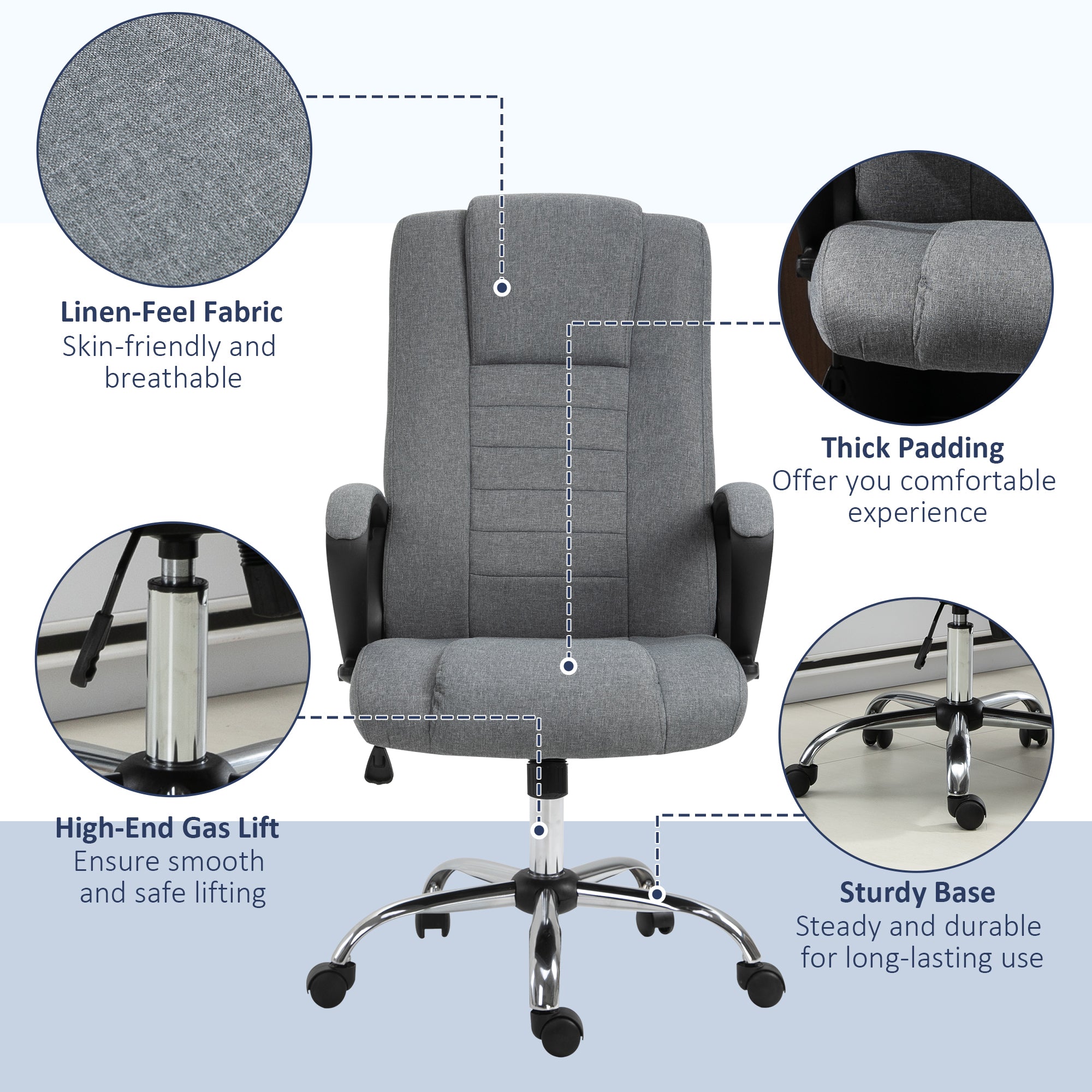 Vinsetto Office Chair, Computer Desk Chair, Linen Fabric Swivel Chair with Adjustable Height, Rolling Wheels for Home and Study, Grey - North Peak Garden Furniture
