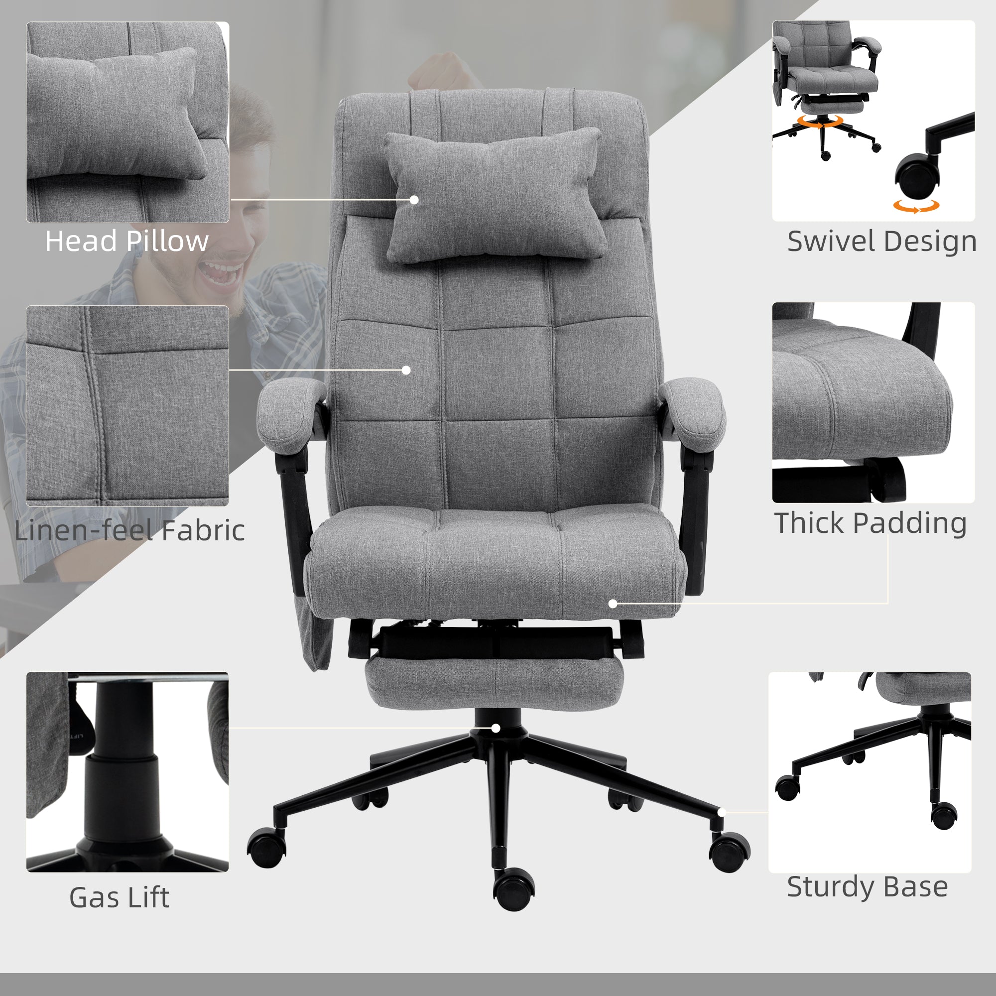 Vinsetto Office Chair, 6 Point Massage Desk Chair, Computer Chair with Footrest & Head Pillow, 360° Swivel Recliner Chair for Home Office, Grey - North Peak Garden Furniture