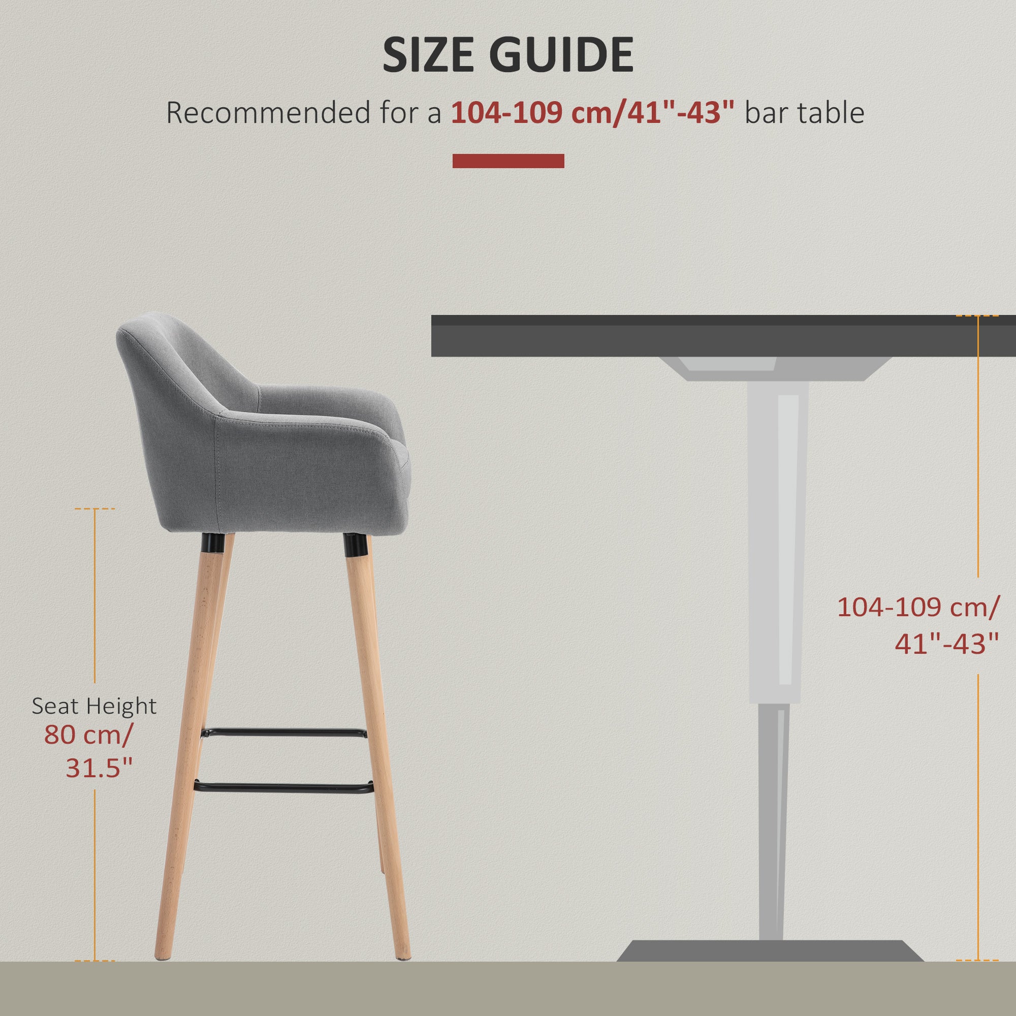 HOMCOM Set of 2 Bar Stools Modern Upholstered Seat Bar Chairs w/ Metal Frame, Solid Wood Legs Living Room Dining Room Fabric Furniture - Grey - North Peak Garden Furniture