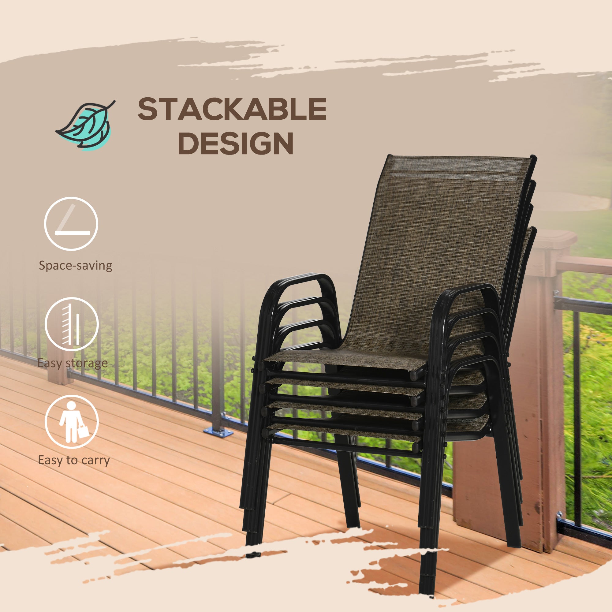 Outsunny Set of Four Stackable Mesh Seat Chairs - Mixed Brown - North Peak Garden Furniture