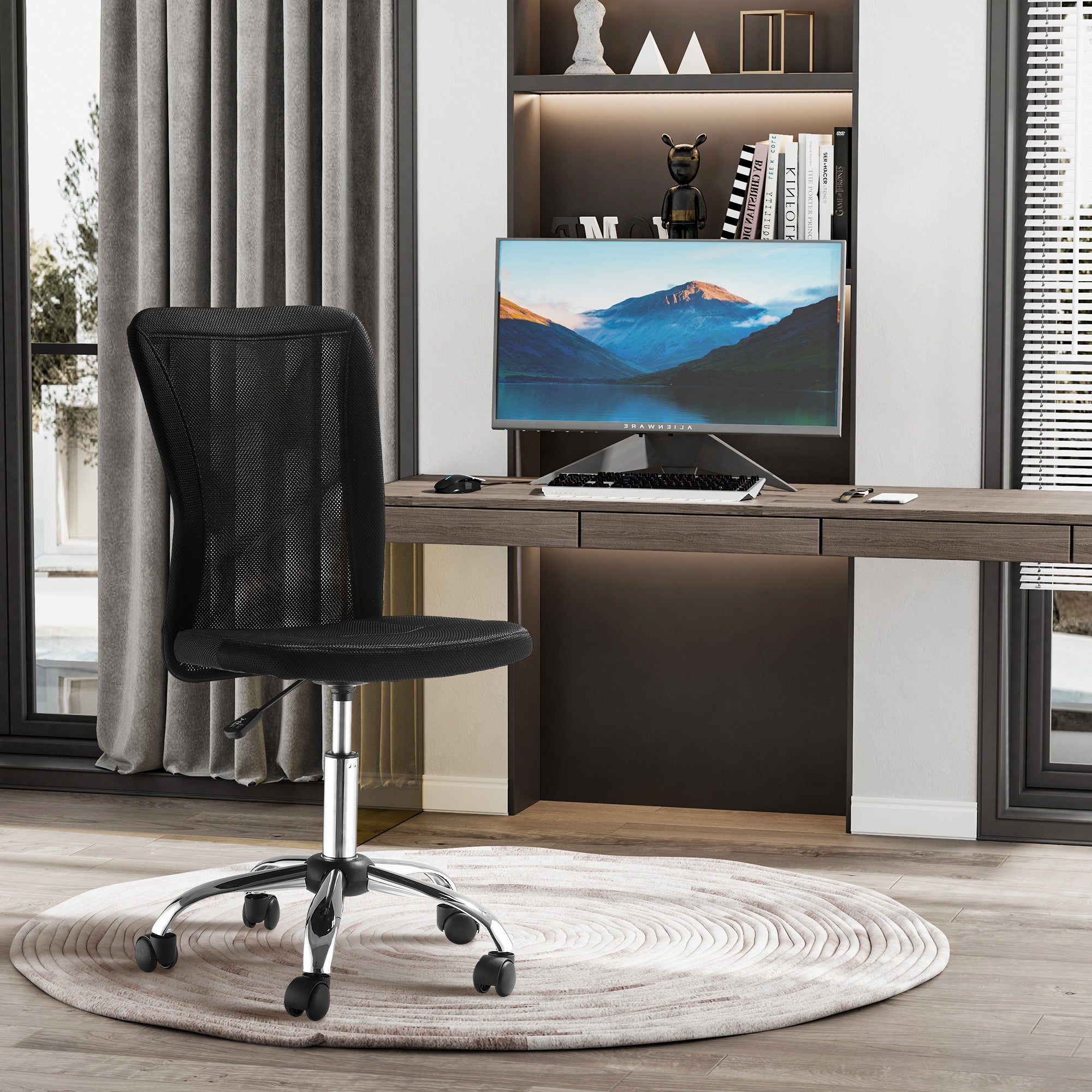 Vinsetto Office Chair, Armless Desk Chair, Adjustable Computer Swivel Chair with Rolling Wheels and Mesh Back for Home Work Study, Black - North Peak Garden Furniture