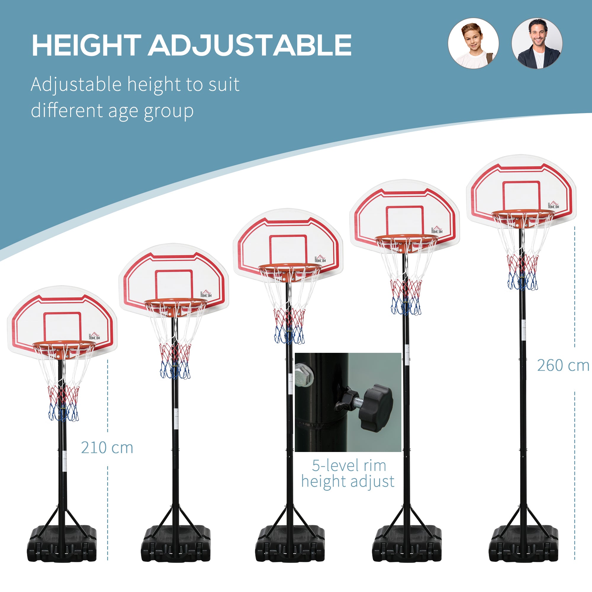 HOMCOM Basketball Hoop Stand Portable Adjustable Height 2.1-2.6m w/ Wheels, Sturdy Rim Stable Base, Red - North Peak Garden Furniture