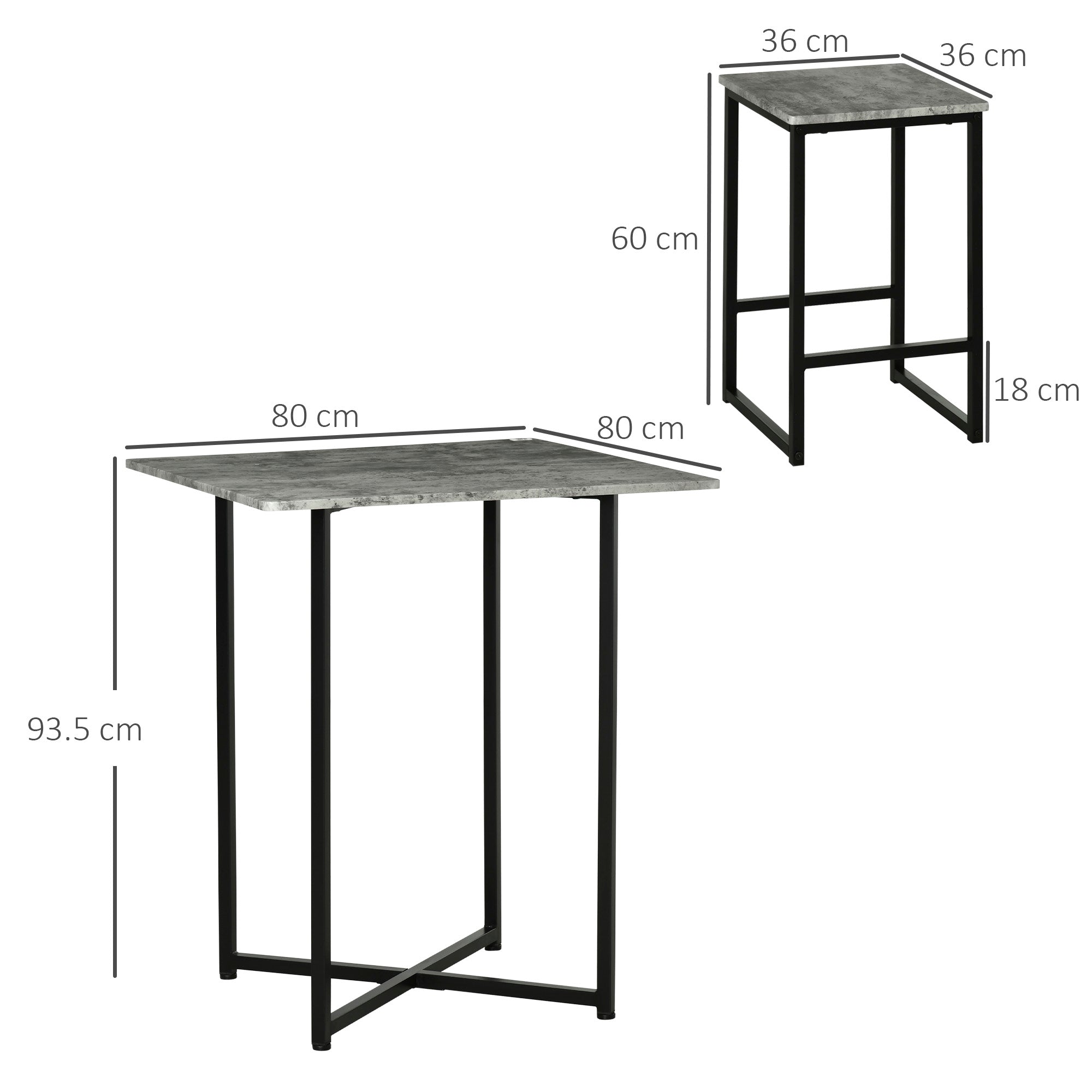 HOMCOM 5pc Bar Table Set, Square Dining Table Set for 4 People, Home Kitchen Breakfast Bar Set with Steel Frame and Footrest, Concrete Grey - North Peak Garden Furniture