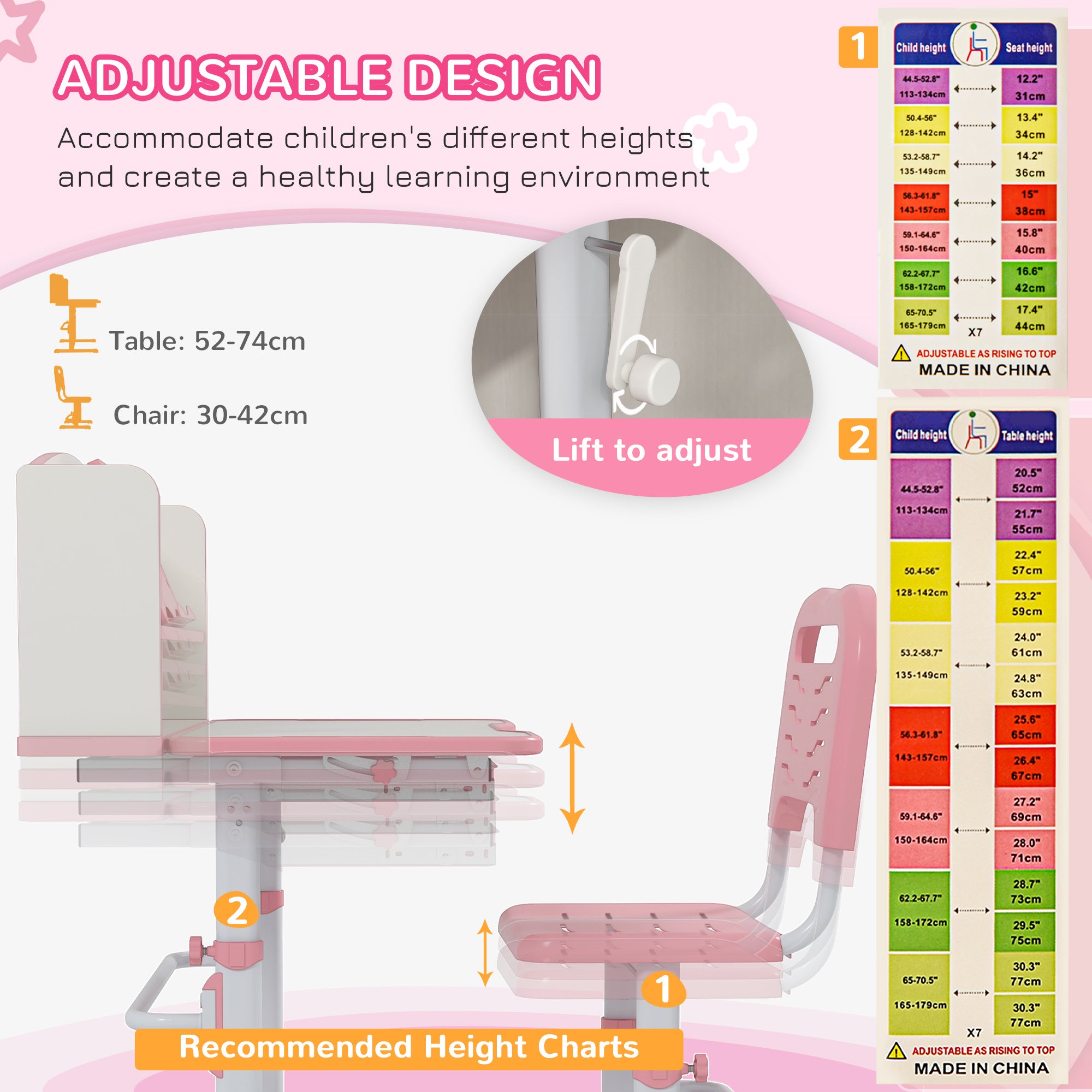 ZONEKIZ Height Adjustable Kids Study Table and Chair Set, with Drawer, Storage Shelf, 80 x 54.5 x 104 cm, Pink - North Peak Garden Furniture