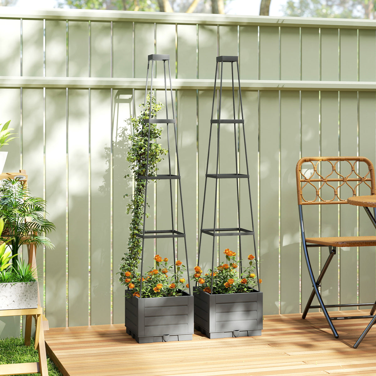 Outsunny 2 Pack Raised Garden Bed with Trellis, Plastic Outdoor Planter Box with Removable Drainage Tray