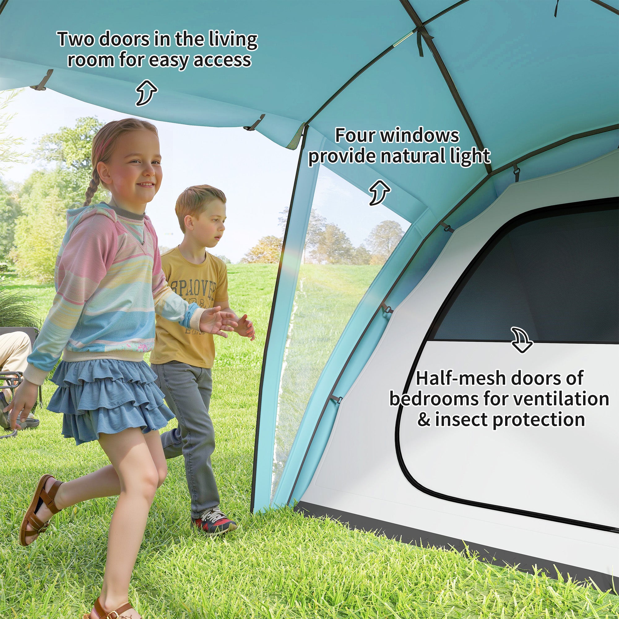 Outsunny 4-6 Man Family Camping Tent w/ 2 Bedrooms and a Living Room, Waterproof Tunnel Tent w/ Sewn In Groundsheet, Doors, Windows, Carry Bag, Blue - North Peak Garden Furniture