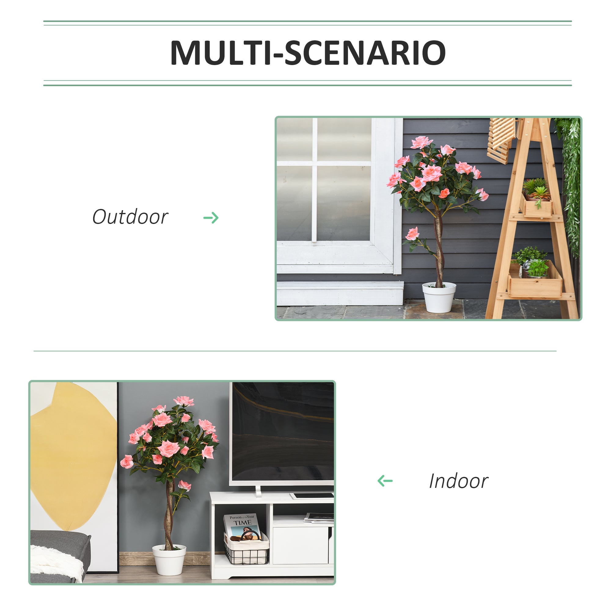 Outsunny Set of 2 Artificial Plants Pink Rose Floral in Pot, Fake Plants for Home Indoor Outdoor Decor, 90cm - North Peak Garden Furniture