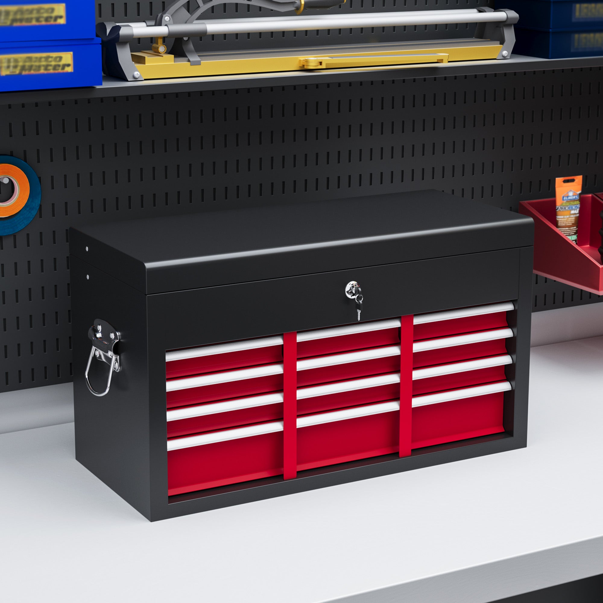 HOMCOM Steel Six Drawer Tool Storage Carry Chest, with Lock and Keys - Red - North Peak Garden Furniture