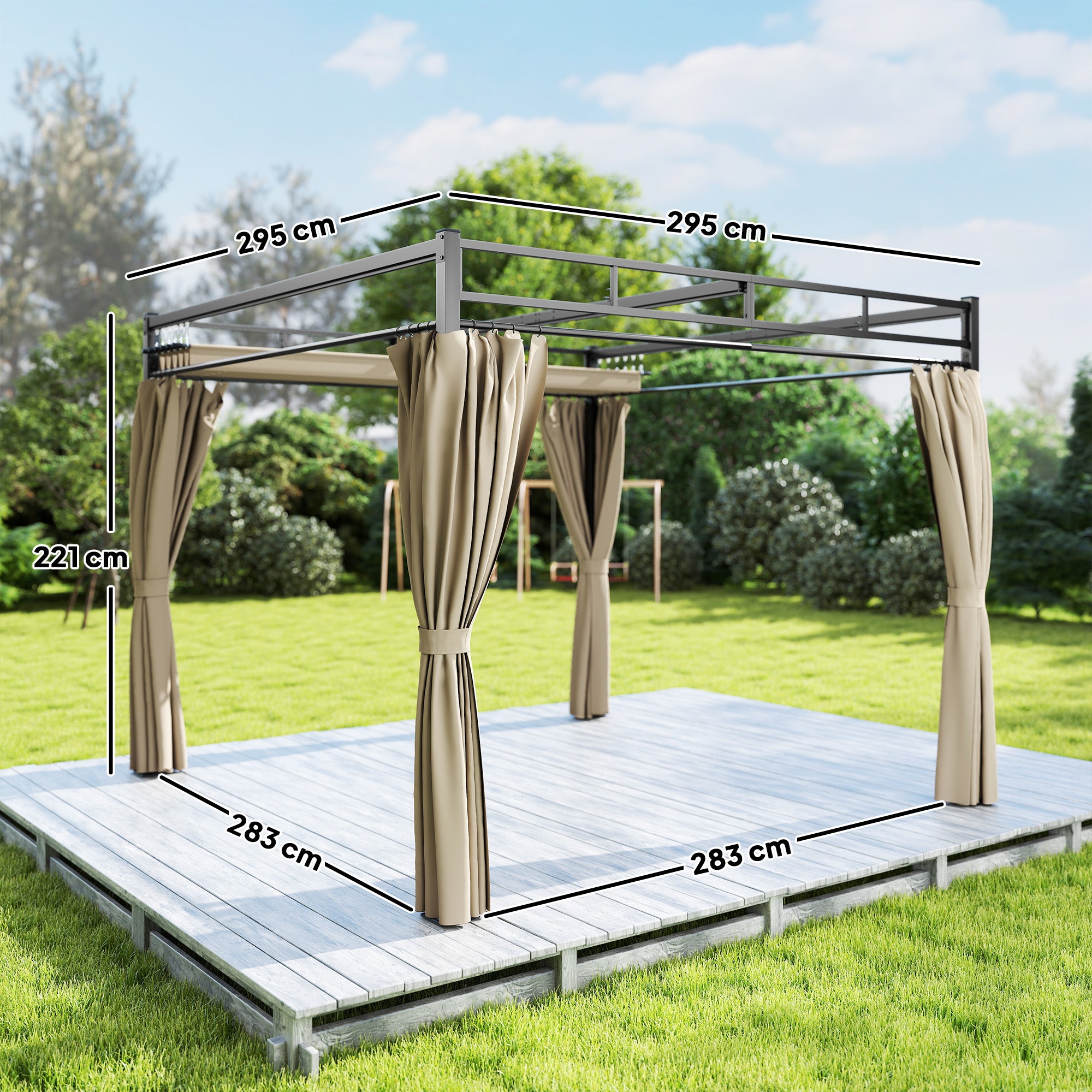 Outsunny 3 x 3 m Pergola with Retractable Roof Canopy and Curtains, UPF30+ Metal Frame Garden Pergola Gazebo Sun Shade, Khaki