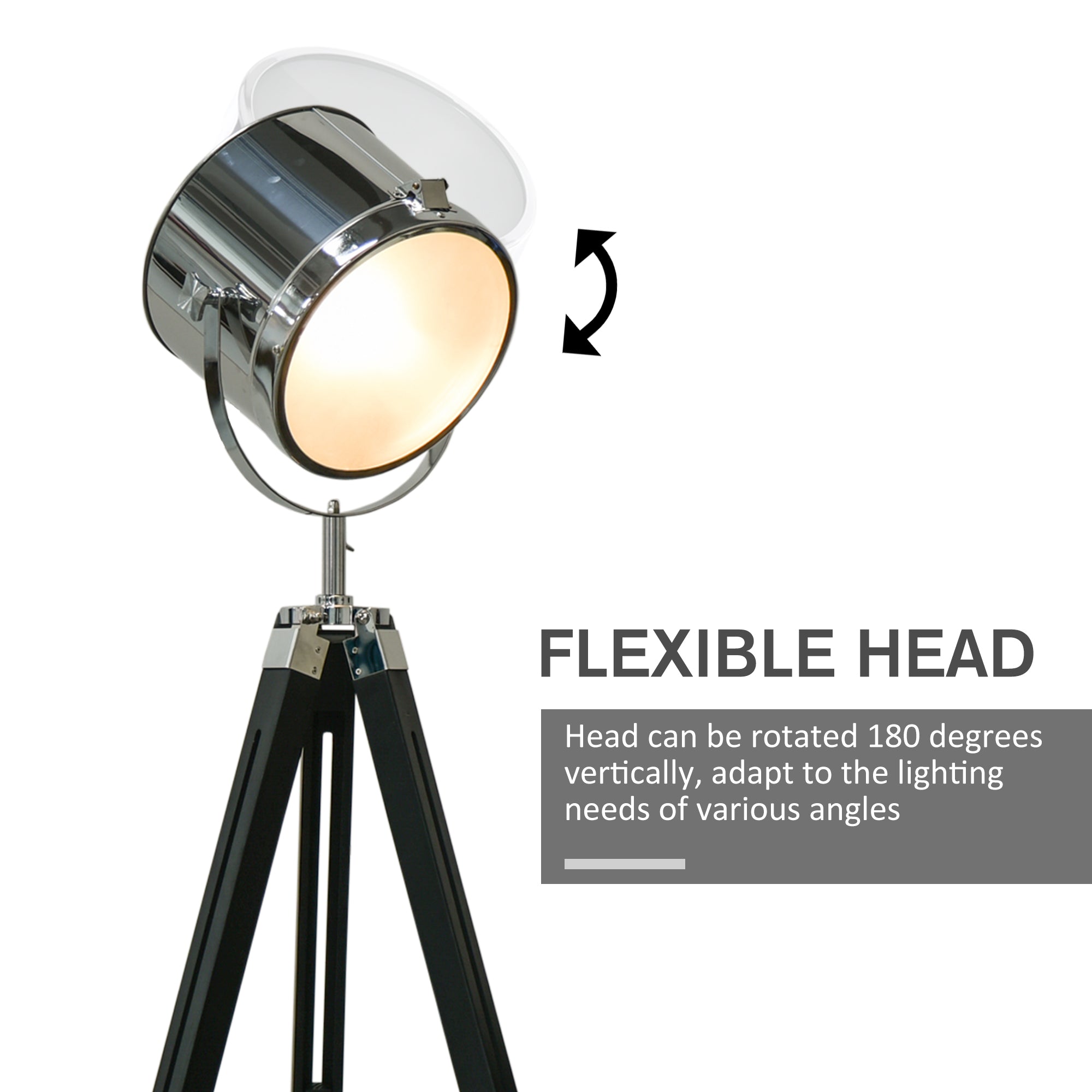 HOMCOM Industrial Style Adjustable Tripod Floor Lamp, Searchlight Lamp with Wooden Legs and Steel Lampshade, 110-155cm, Black