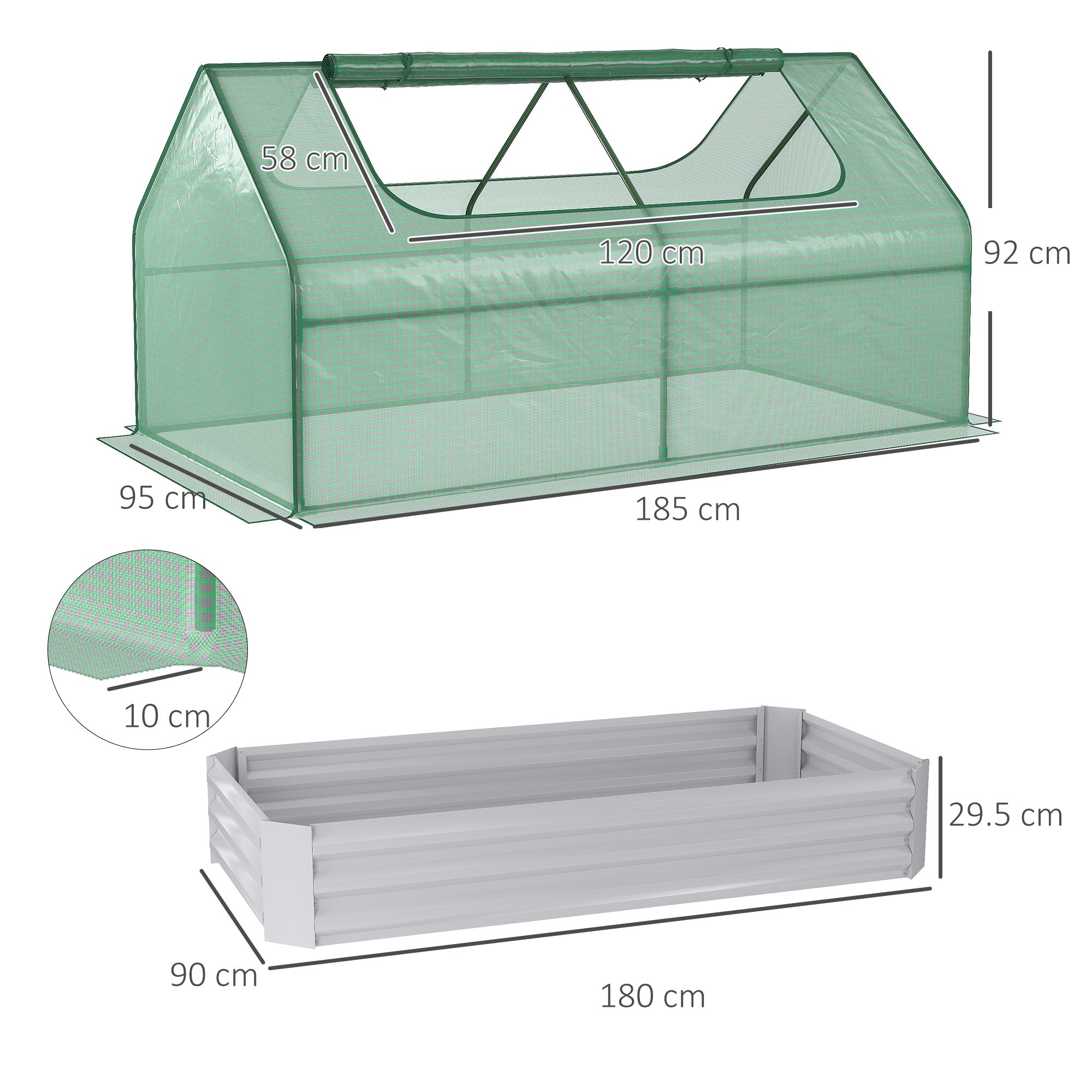 Outsunny Raised Garden Bed with Greenhouse, Steel Planter Box with Plastic Cover, Roll Up Window, Dual Use for Flowers, Vegetables, Fruits and Herbs, 185L x 95W x 92H cm, Green - North Peak Garden Furniture