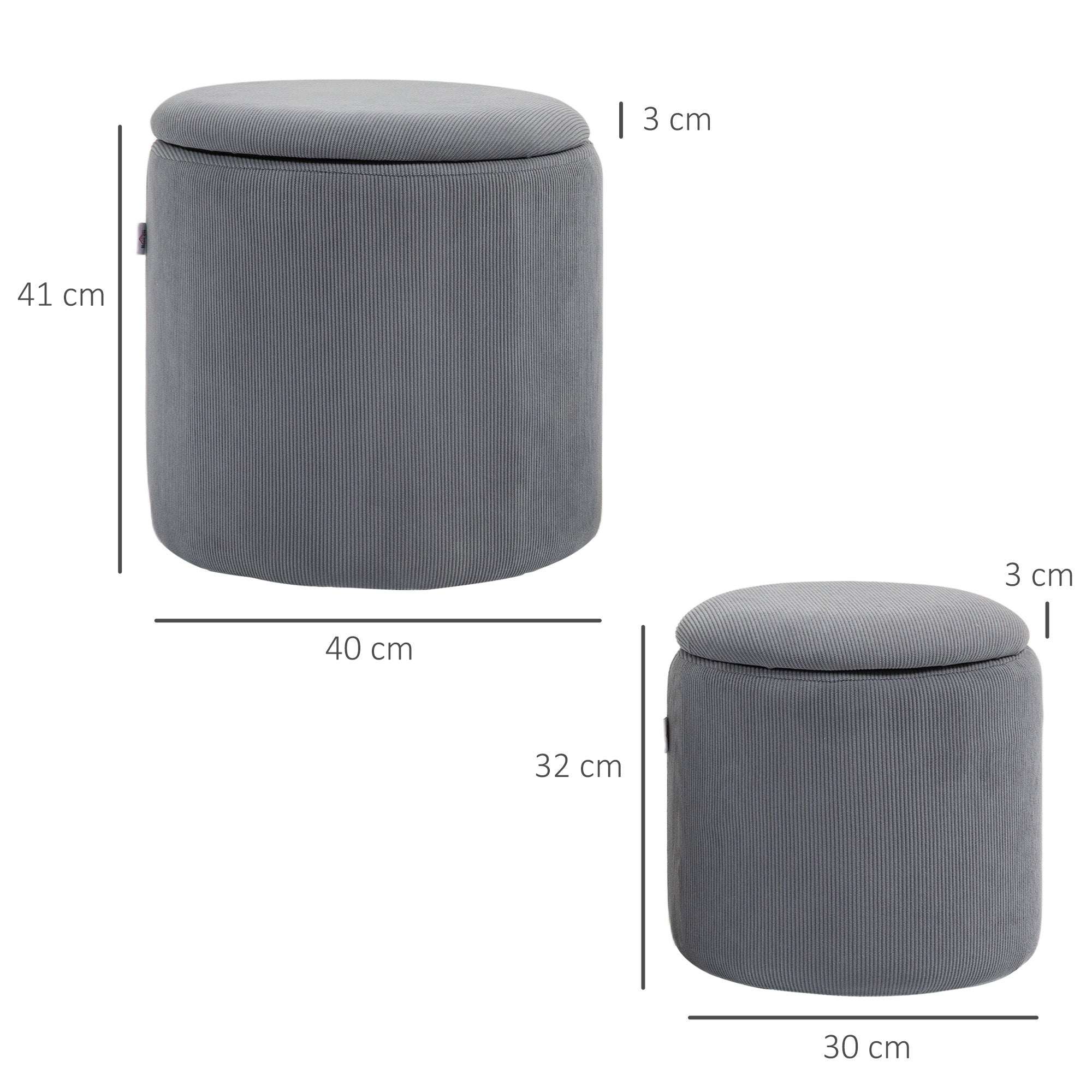 HOMCOM Set of Two Corduroy Storage Ottomans - Grey - North Peak Garden Furniture