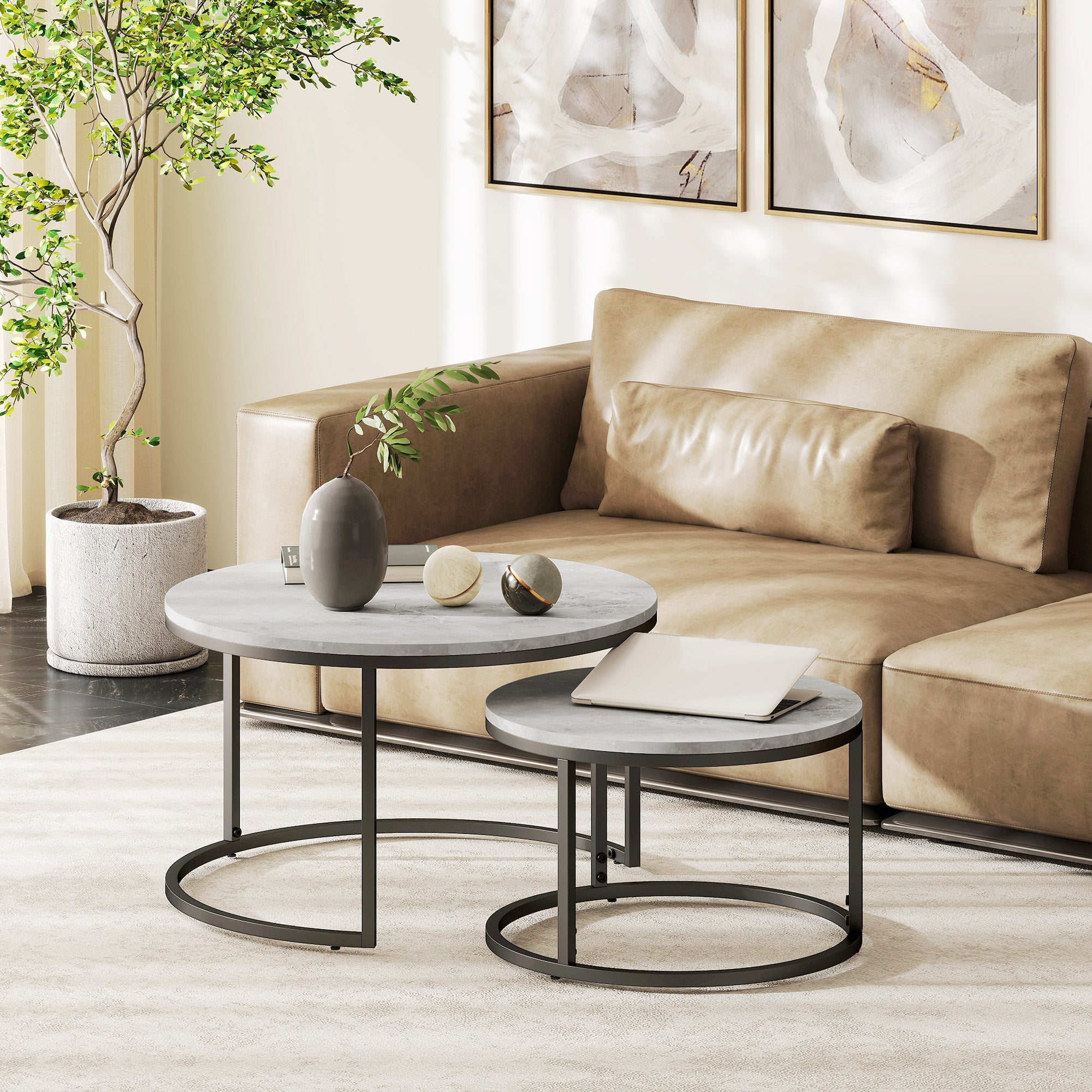 HOMCOM Set of Two Marble-Effect Stacking Tables - Wood Grey - North Peak Garden Furniture