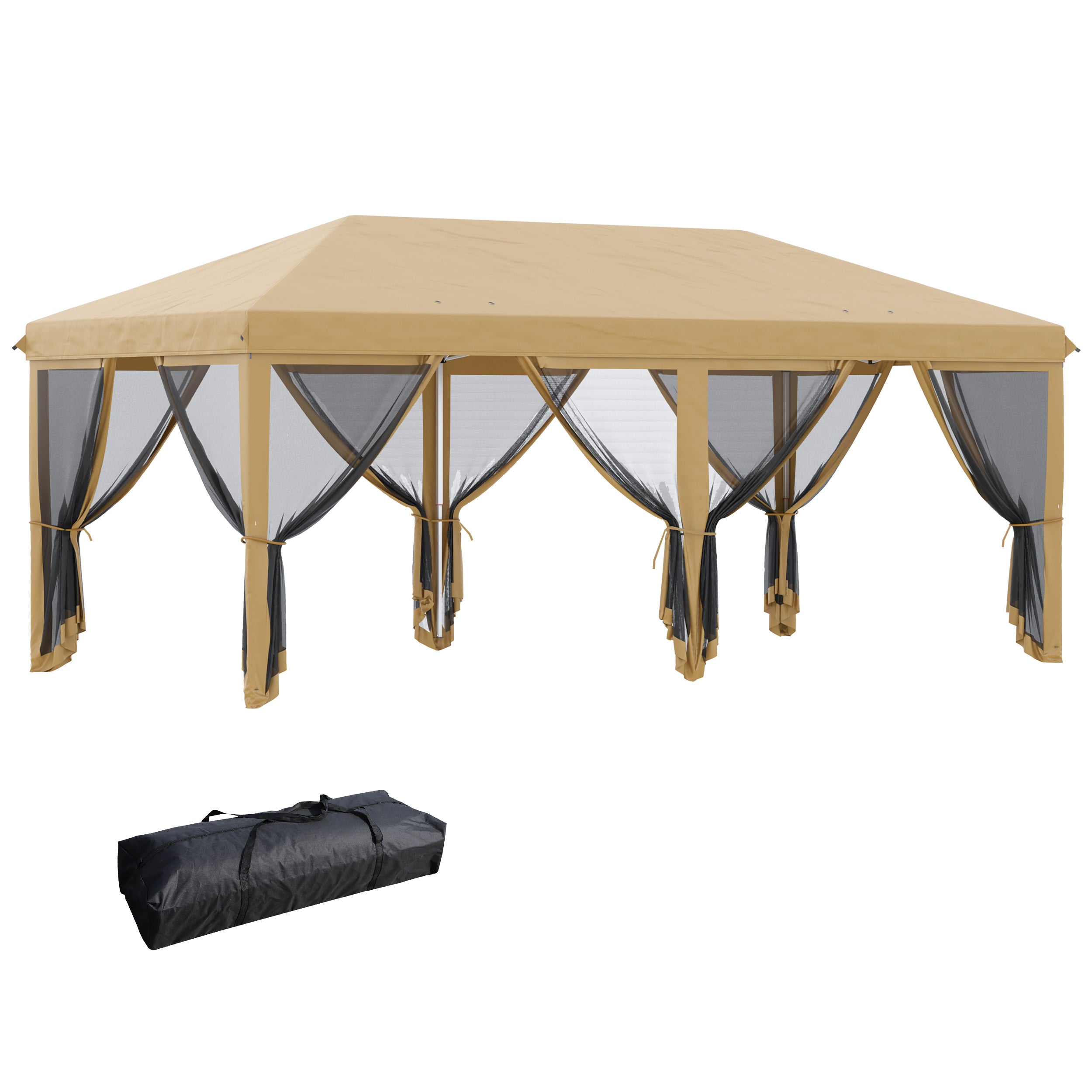Outsunny 3 x 6m Pop Up Gazebo, Outdoor Canopy Shelter, Marquee Party Wedding Tent with 6 Mesh Walls and Carry Bag, Beige - North Peak Garden Furniture