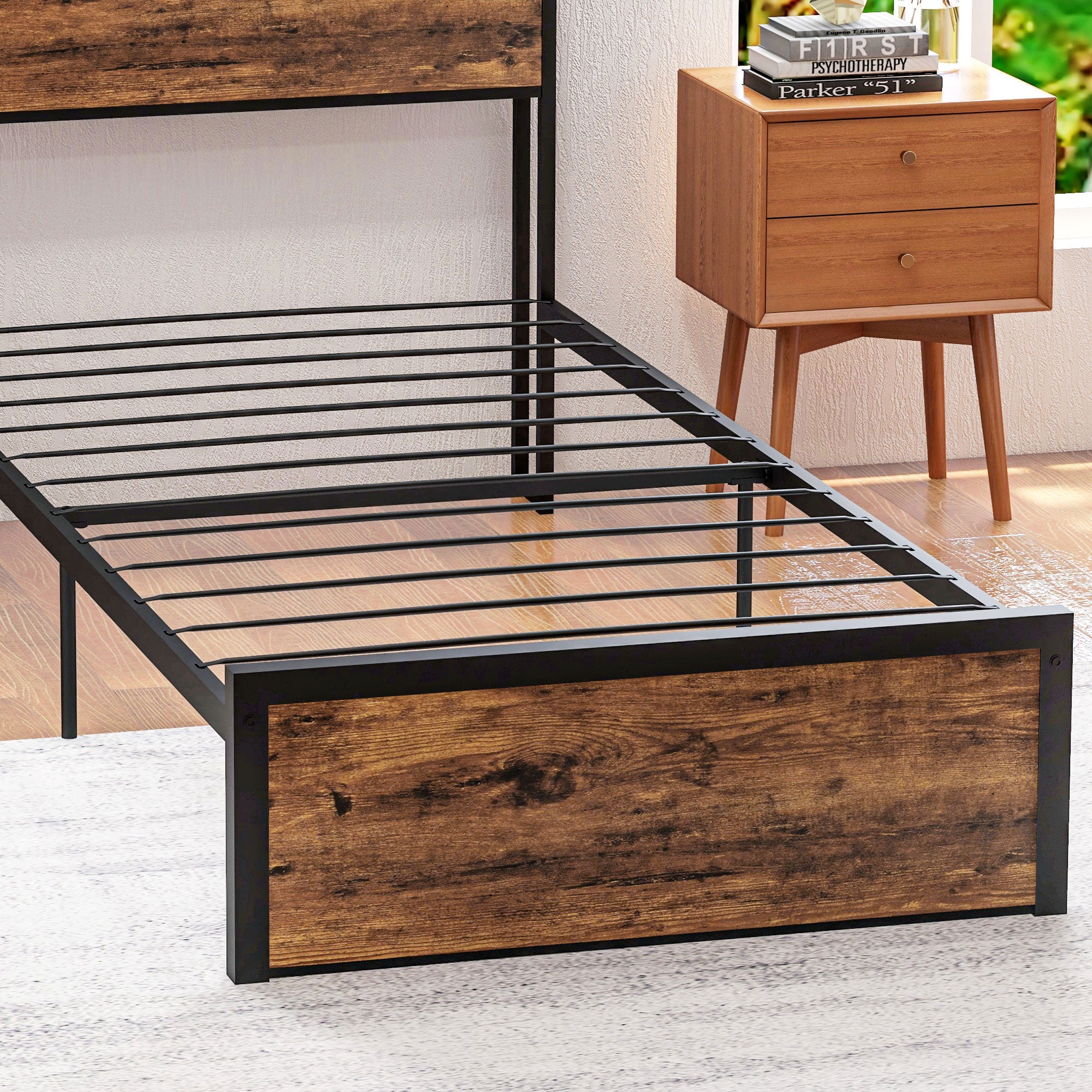 HOMCOM Industrial Single Bed Frame, 3.1FT Steel Bed Base with Storage Headboard, Footboard, Slatted Support and Under Bed Storage, 95 x 209cm, Rustic Brown - North Peak Garden Furniture