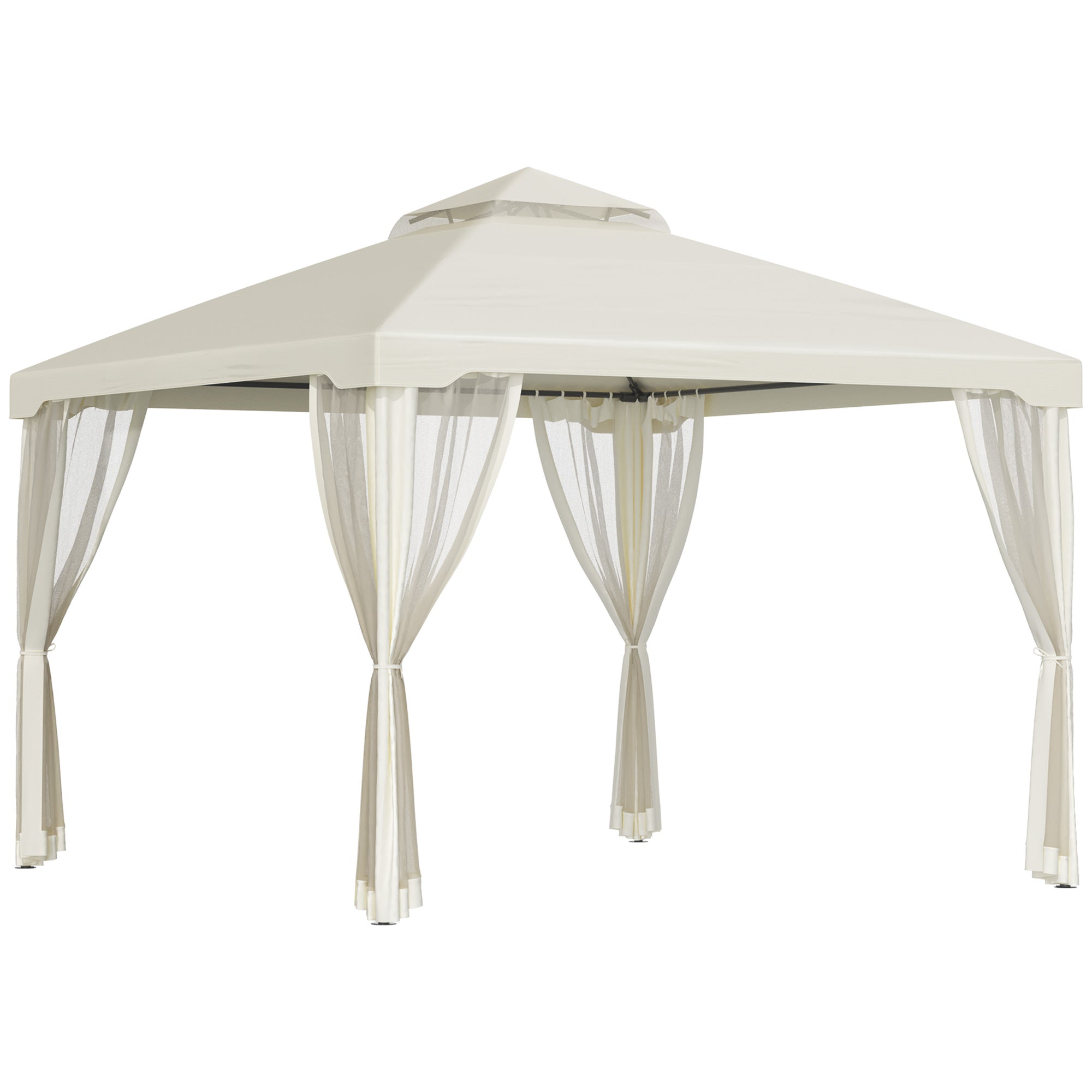 Outsunny 3 x 3 m Metal Gazebo, Garden Pavillion, Double Roof Outdoor Canopy Shelter with Mesh Sidewalls, Cream White - North Peak Garden Furniture