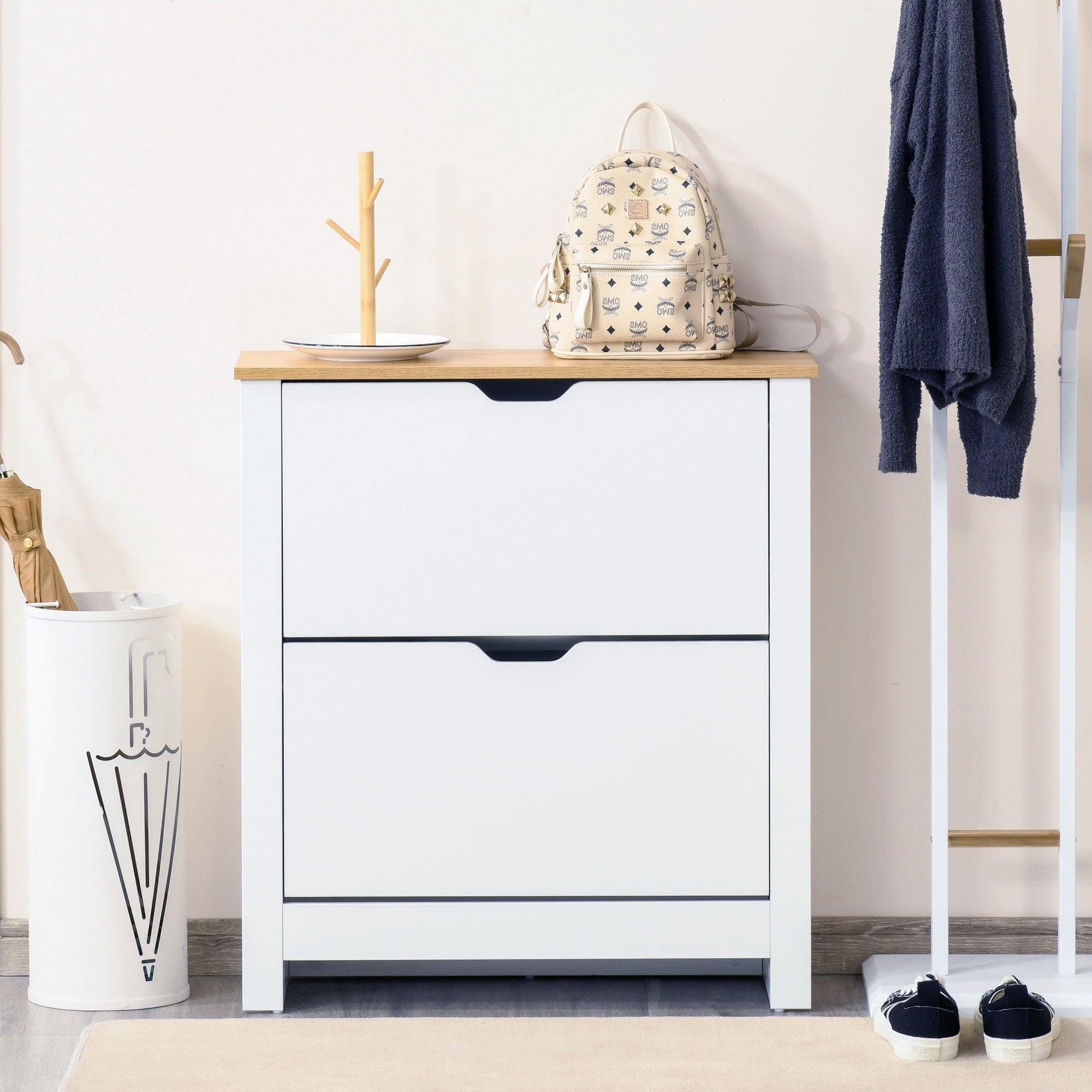 HOMCOM Narrow Shoe Cabinet, Space Saving Shoe Storage Cabinet with 2 Flip Drawers and Adjustable Shelves for 12 Pairs of Shoes for Hallways and Living Room, White - North Peak Garden Furniture