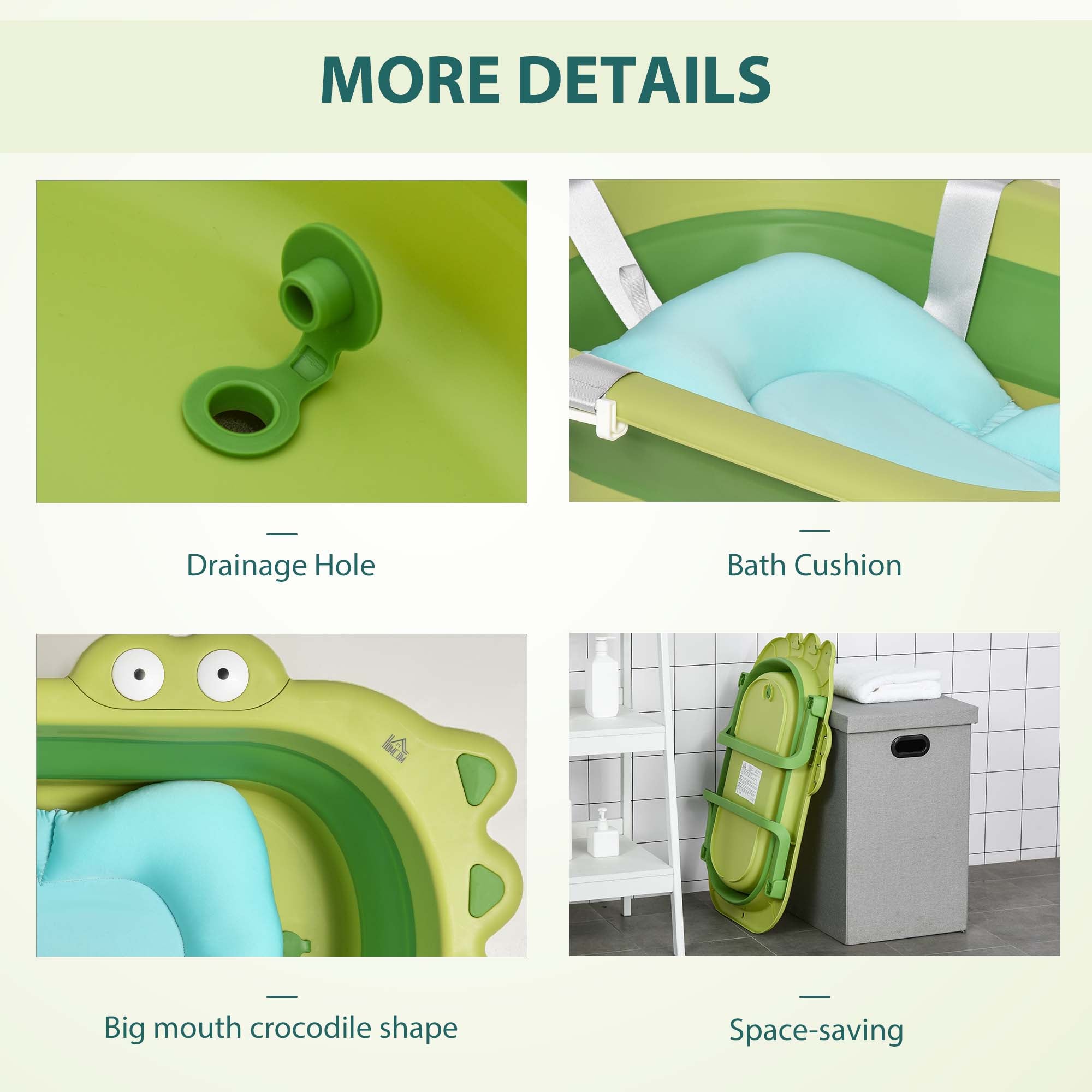 HOMCOM Baby Bath Tub for Toddler Kids Infant Ergonomic Foldable Secure Non-Slip Portable with Baby Cushion for 0-3 Years Green - North Peak Garden Furniture