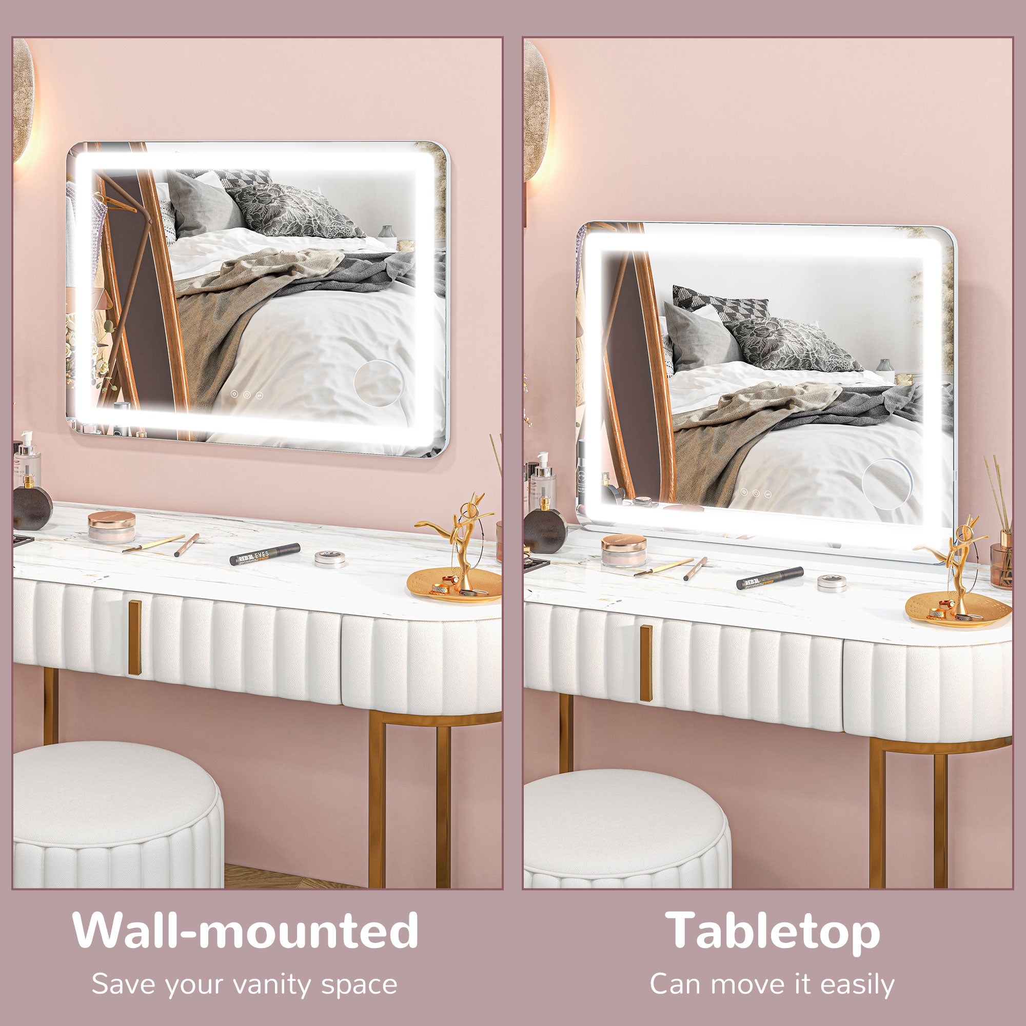 HOMCOM Vanity Mirror with Lights, Large Lighted Makeup Mirror with 3 Colour Lighting Modes, 10X Magnifying, USB Charging Port, Touch Screen, Tabletop or Wall Mounted Design for Bedroom, White - North Peak Garden Furniture