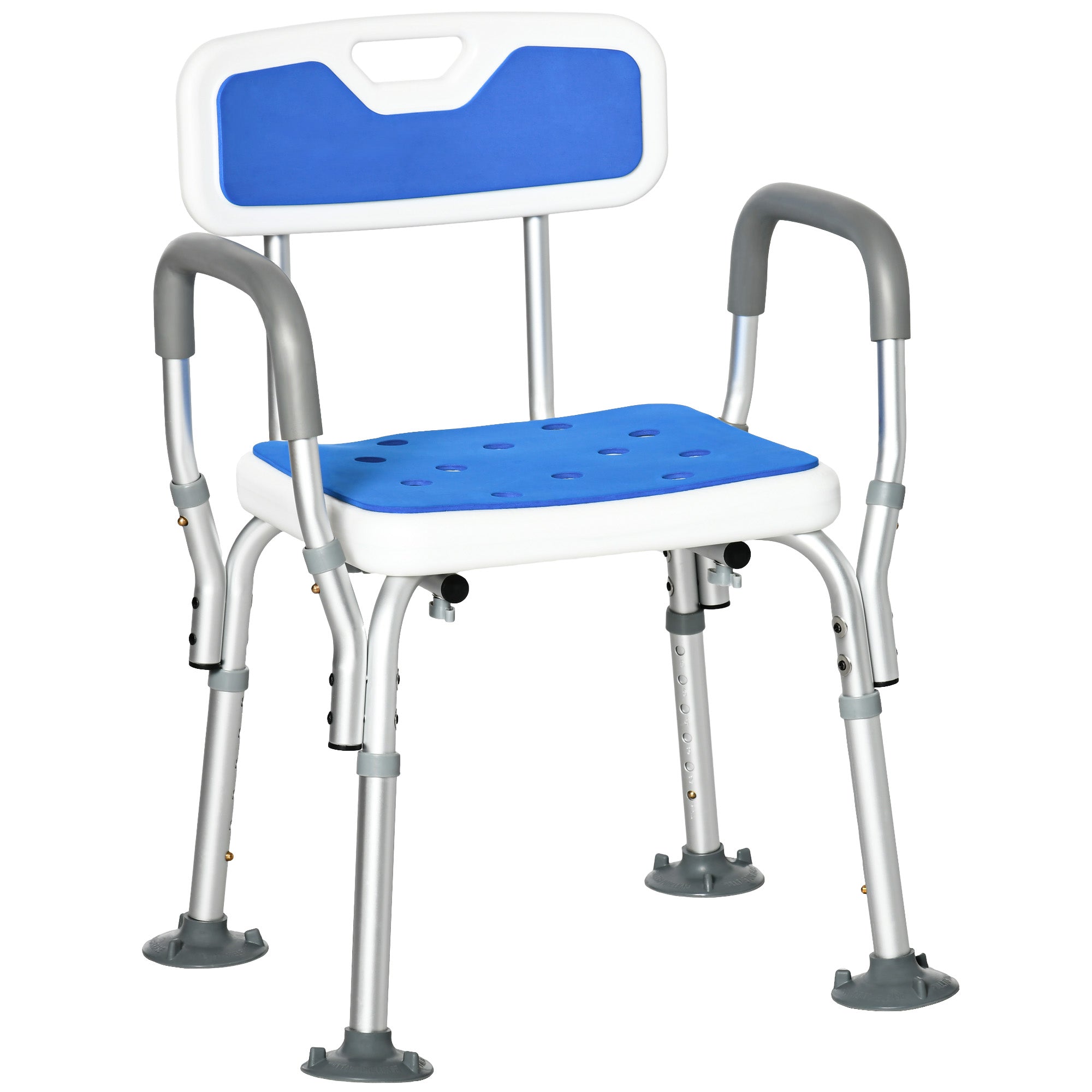 HOMCOM EVA Padded Shower Chair for the Elderly and Disabled, Height Adjustable Shower Stool with Back and Arms, 4 Suction Foot Pads, Blue - North Peak Garden Furniture