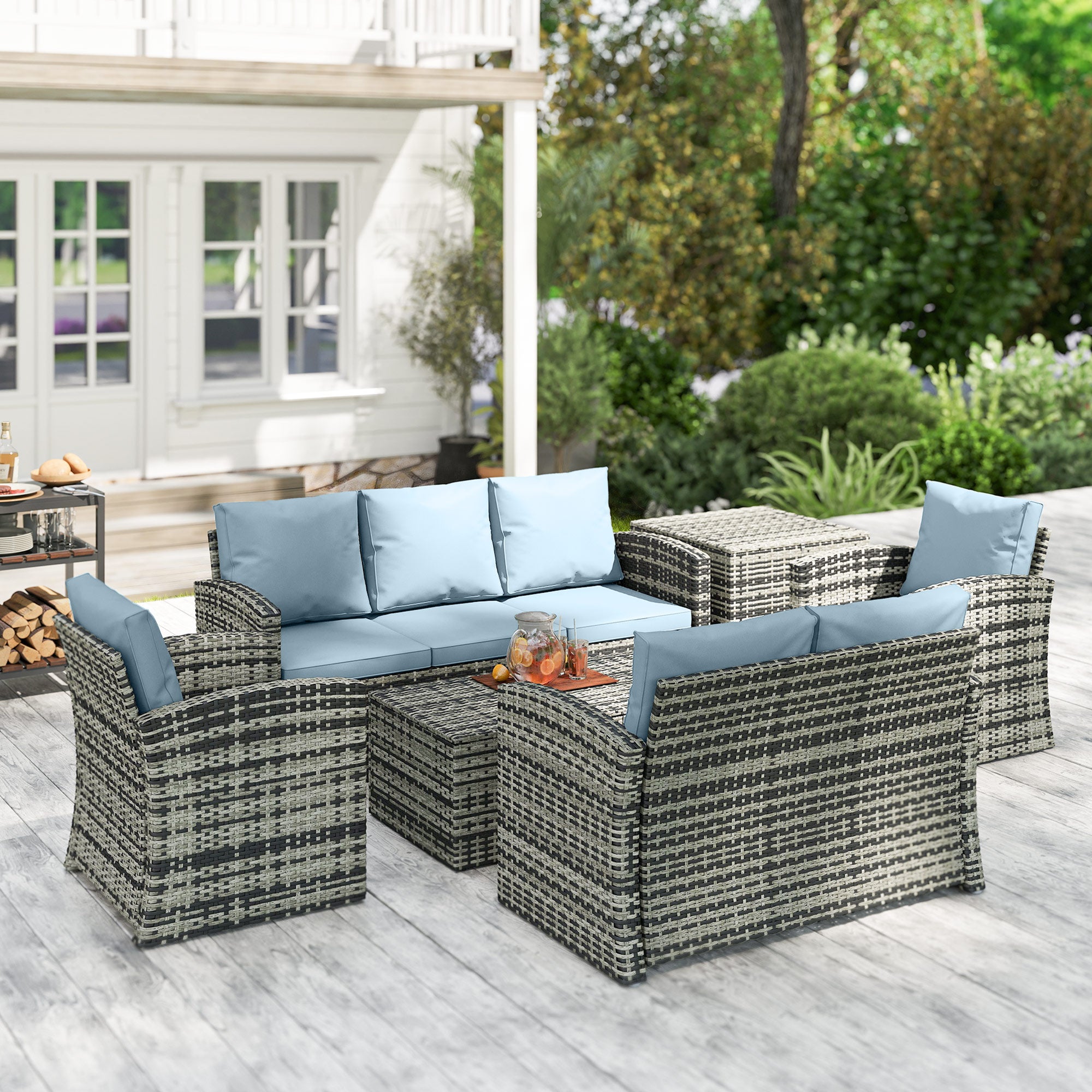 Outsunny 6 Pieces Rattan Garden Furniture Set, 7 Seater Wicker Outdoor Furniture Set with Storage Tea Table & Side Table, Sectional Garden Sofa Set with Cushions, Grey