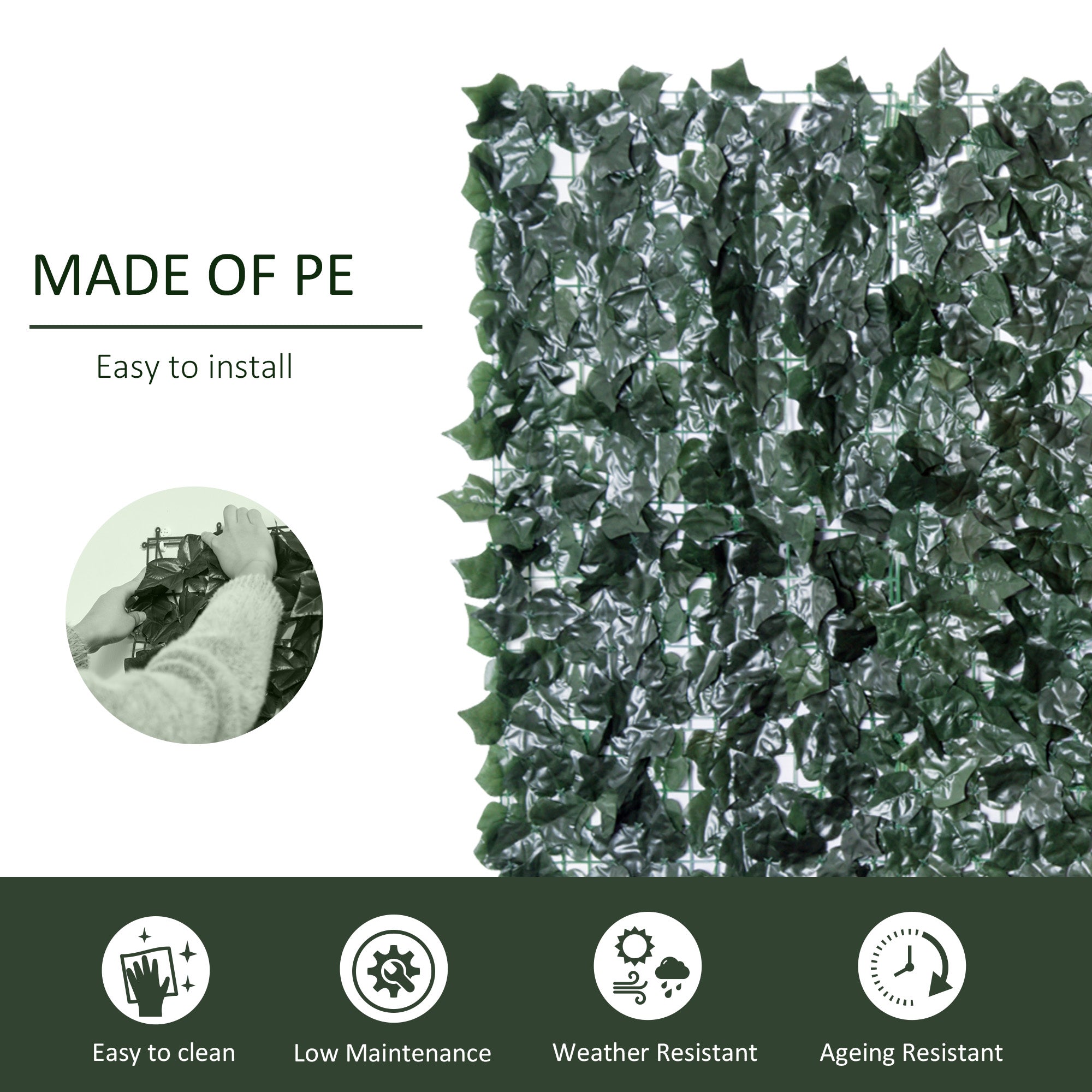 Outsunny 1-Piece Artificial Leaf Hedge Screen Privacy Fence Panel for Garden Outdoor Indoor Decor, Dark Green, 2.4M x 1M - North Peak Garden Furniture