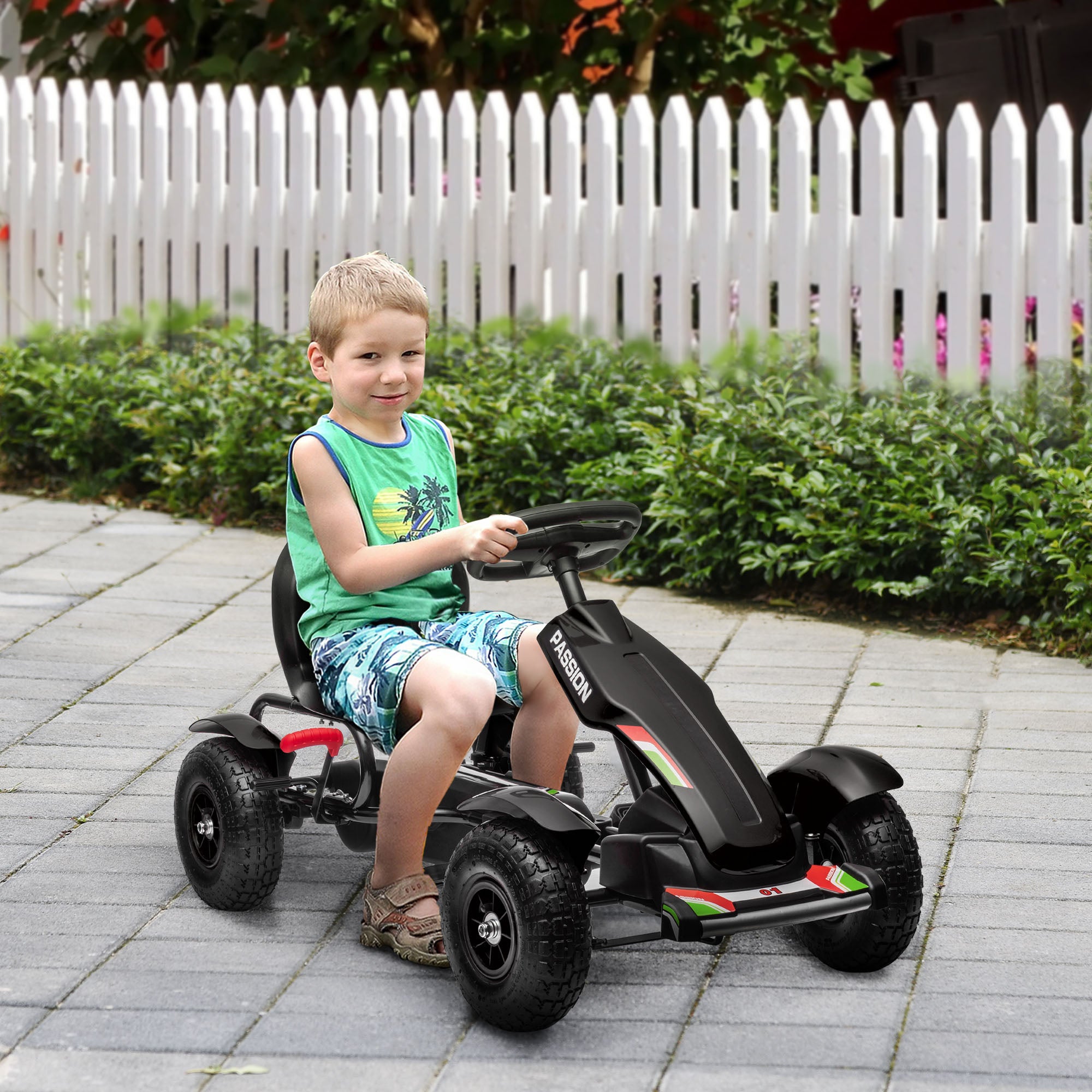 HOMCOM Metal Kids Pedal Go Kart with Adjustable Seat Inflatable Tyres Black - North Peak Garden Furniture