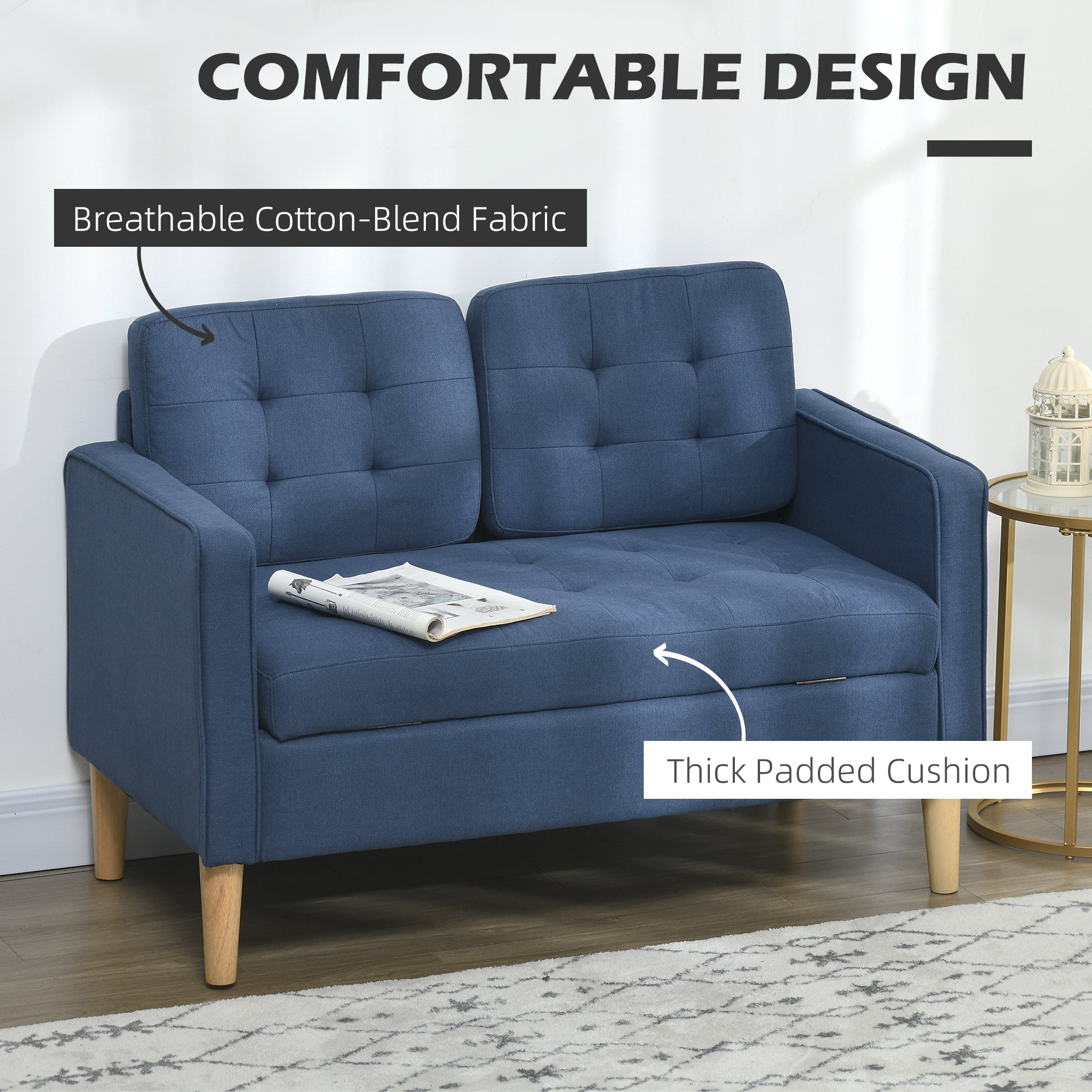 HOMCOM Modern Loveseat Sofa, Compact 2 Seater Sofa with Hidden Storage, 117cm Tufted Cotton Couch with Wood Legs, Blue - North Peak Garden Furniture