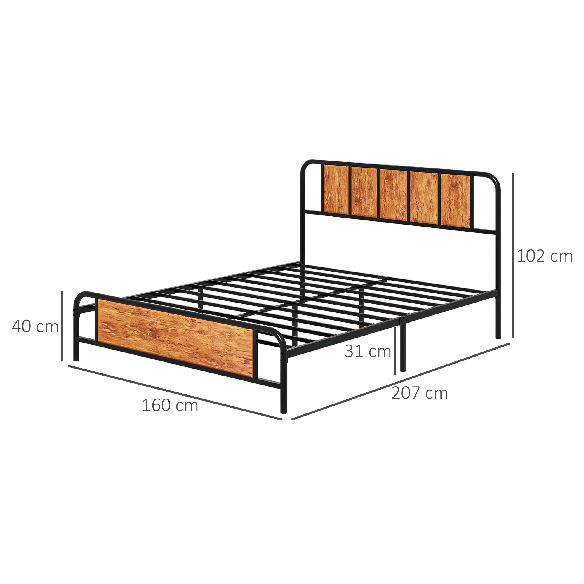 HOMCOM 5.2ft King Bed Frame with Industrial Wood Headboard, Steel Slat Support and 31cm Underbed Storage Space, 160 x 207cm, Rustic Brown - North Peak Garden Furniture