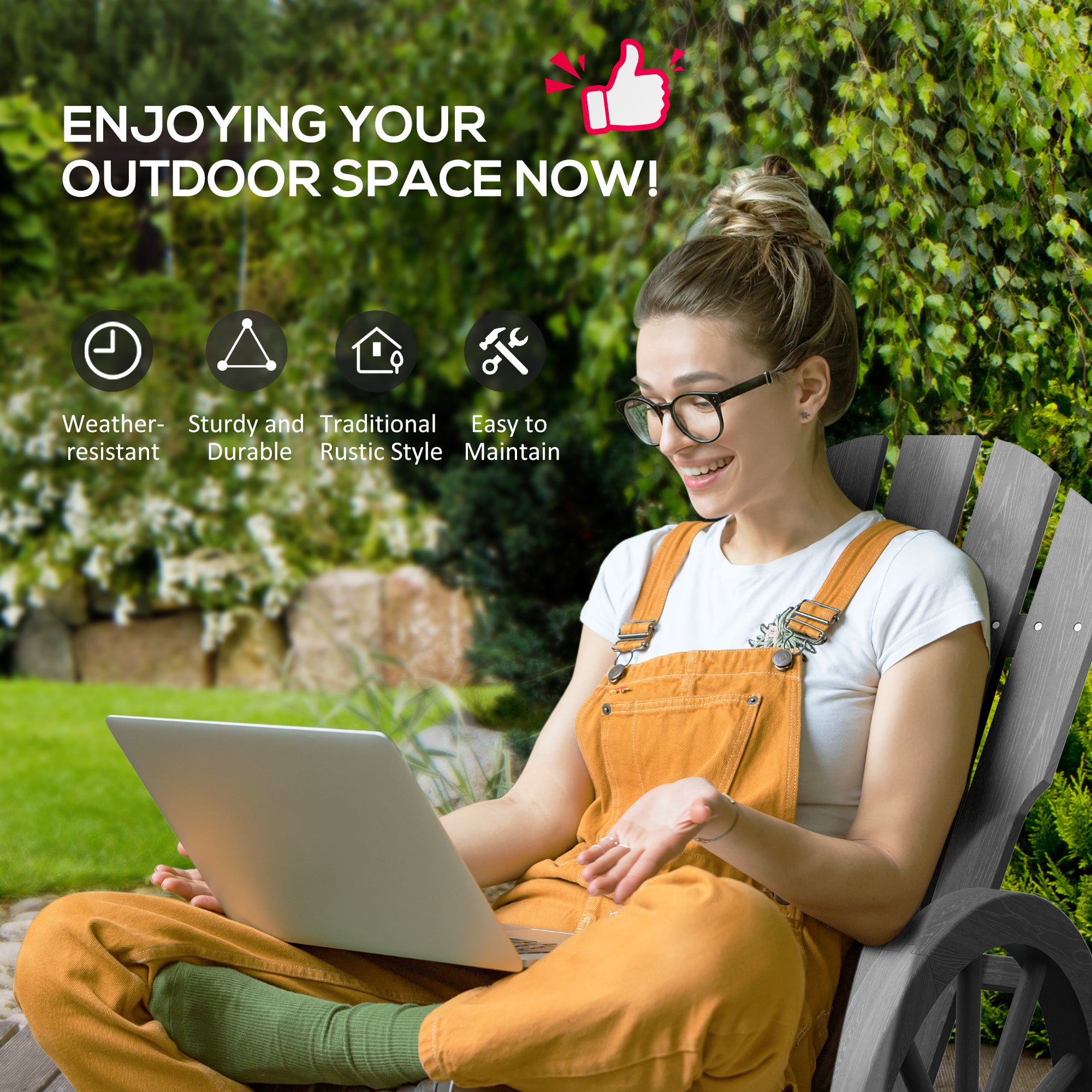 Outsunny Wooden Adirondack Rocking Chair Reclining Armchair Outdoor Garden Furniture Patio Porch Rocker - Grey - North Peak Garden Furniture
