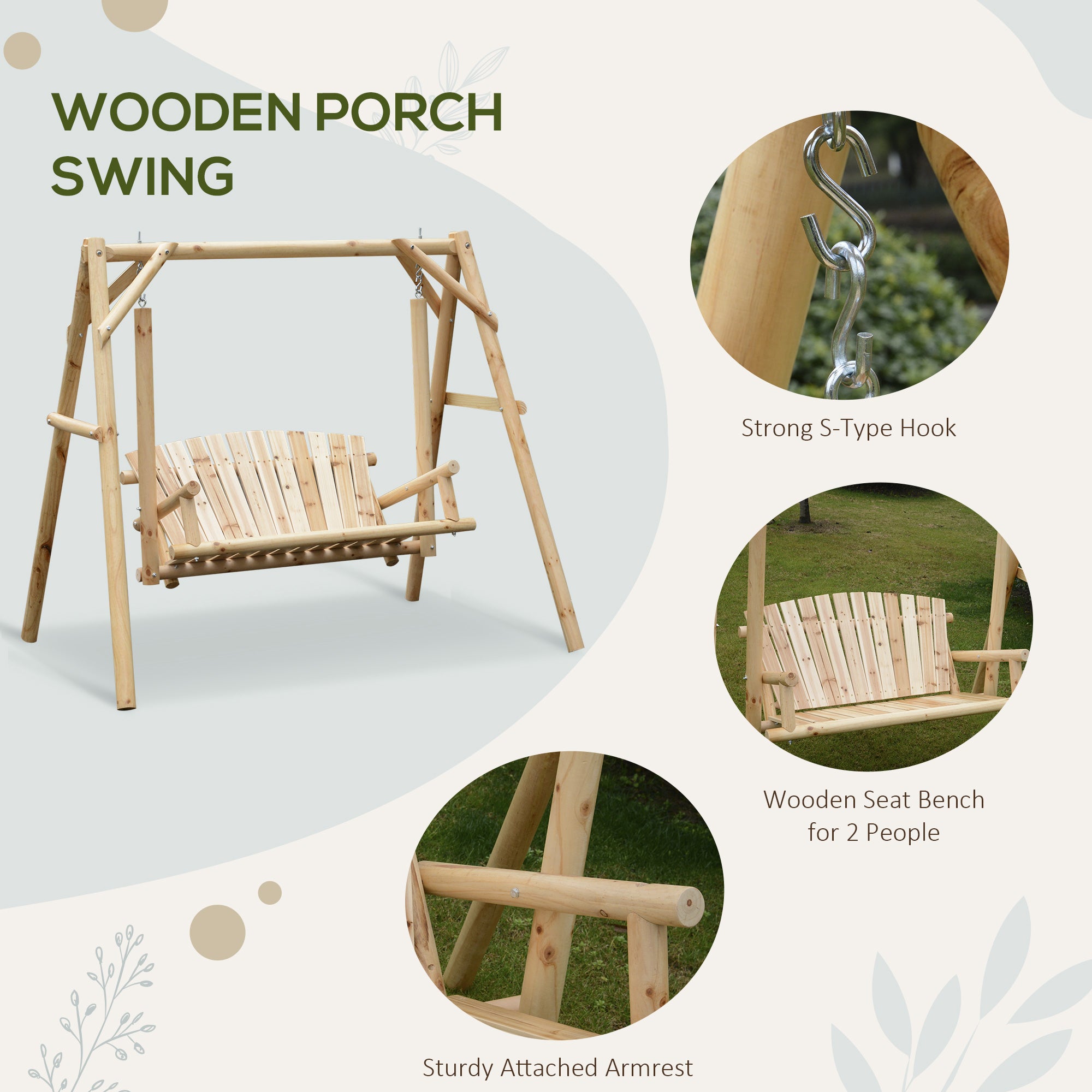 Outsunny Outdoor 2 Seater Swing Chair Larch Wood Garden Swing Seat Porch Hammock Bench Lounger - North Peak Garden Furniture