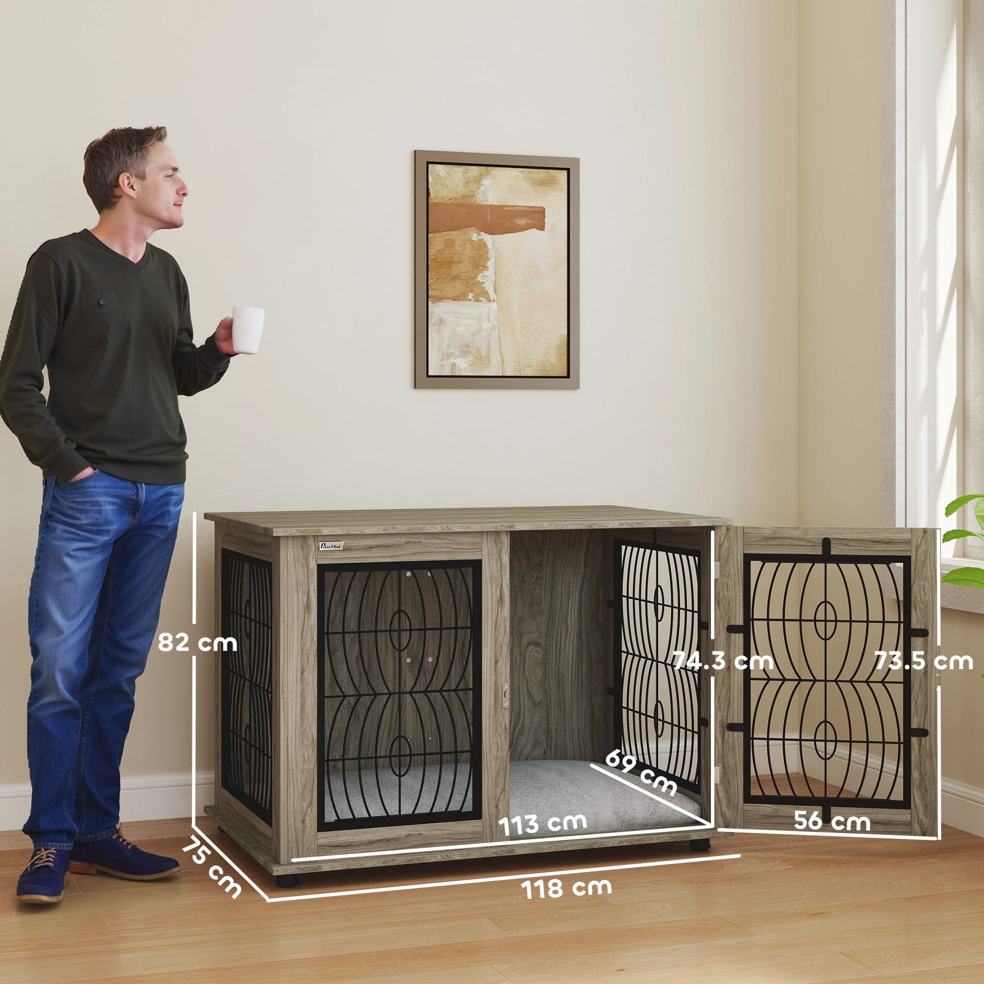 PawHut Indoor Dog Crate Furniture End Table with Soft Washable Cushion, Lockable Front Door, for Extra Large Dogs - Grey - North Peak Garden Furniture