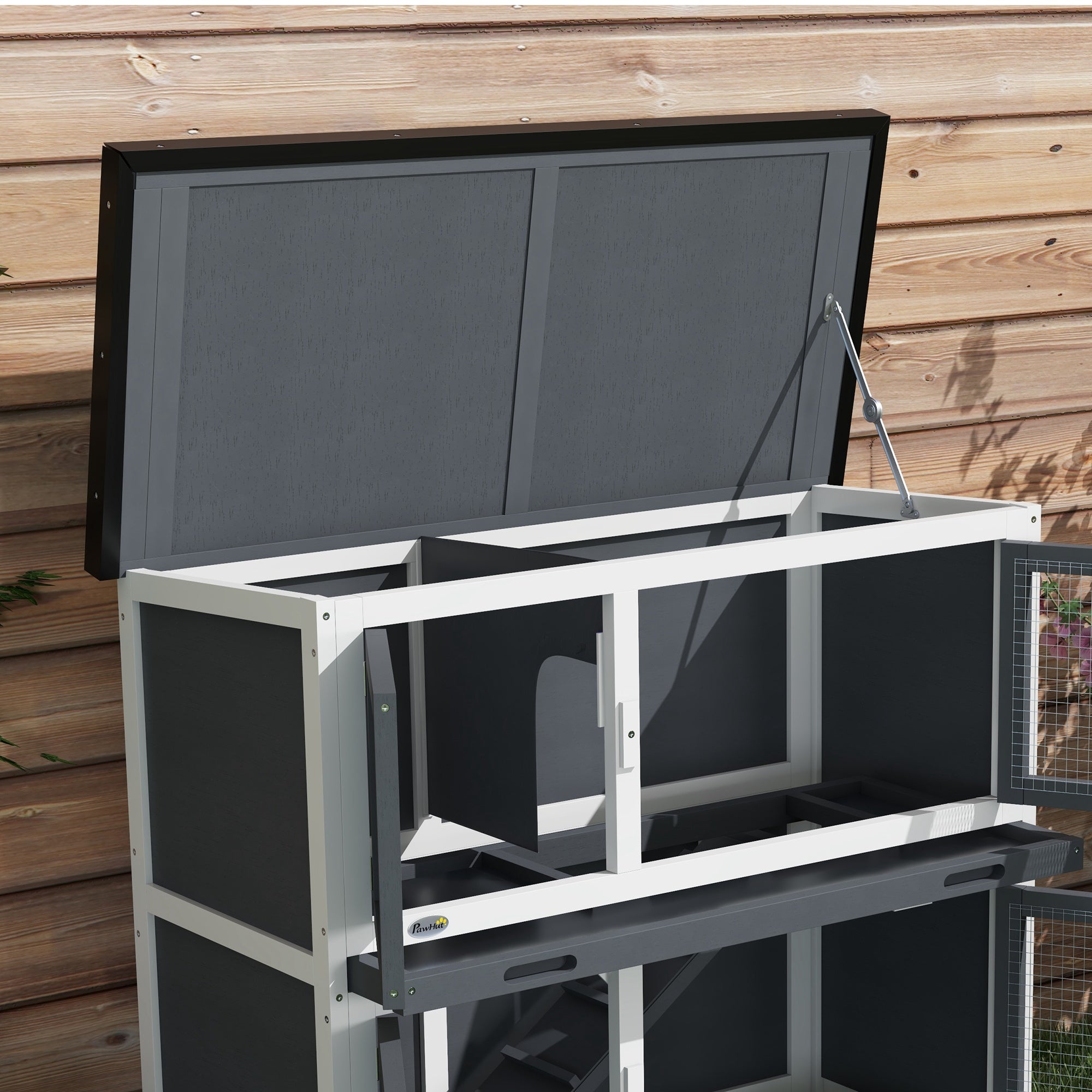 PawHut Double Decker Rabbit Hutch 2 Tier Guinea Pig House Pet Cage Outdoor with Sliding-out Tray, 100 x 47 x 91cm, Grey - North Peak Garden Furniture