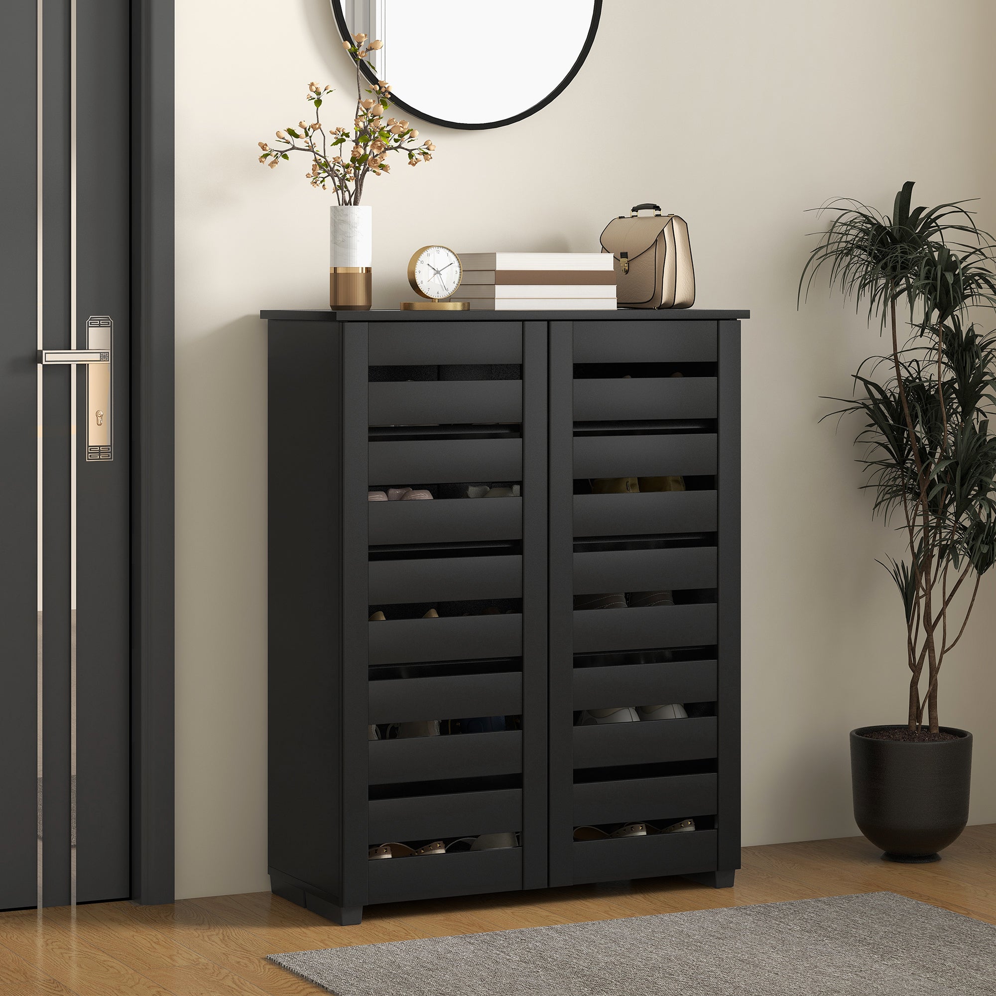 HOMCOM Narrow Shoe Cabinet for Entryway, 5-Tier Slim Shoe Storage Cabinet with 2 Slatted Doors and Adjustable Shelves