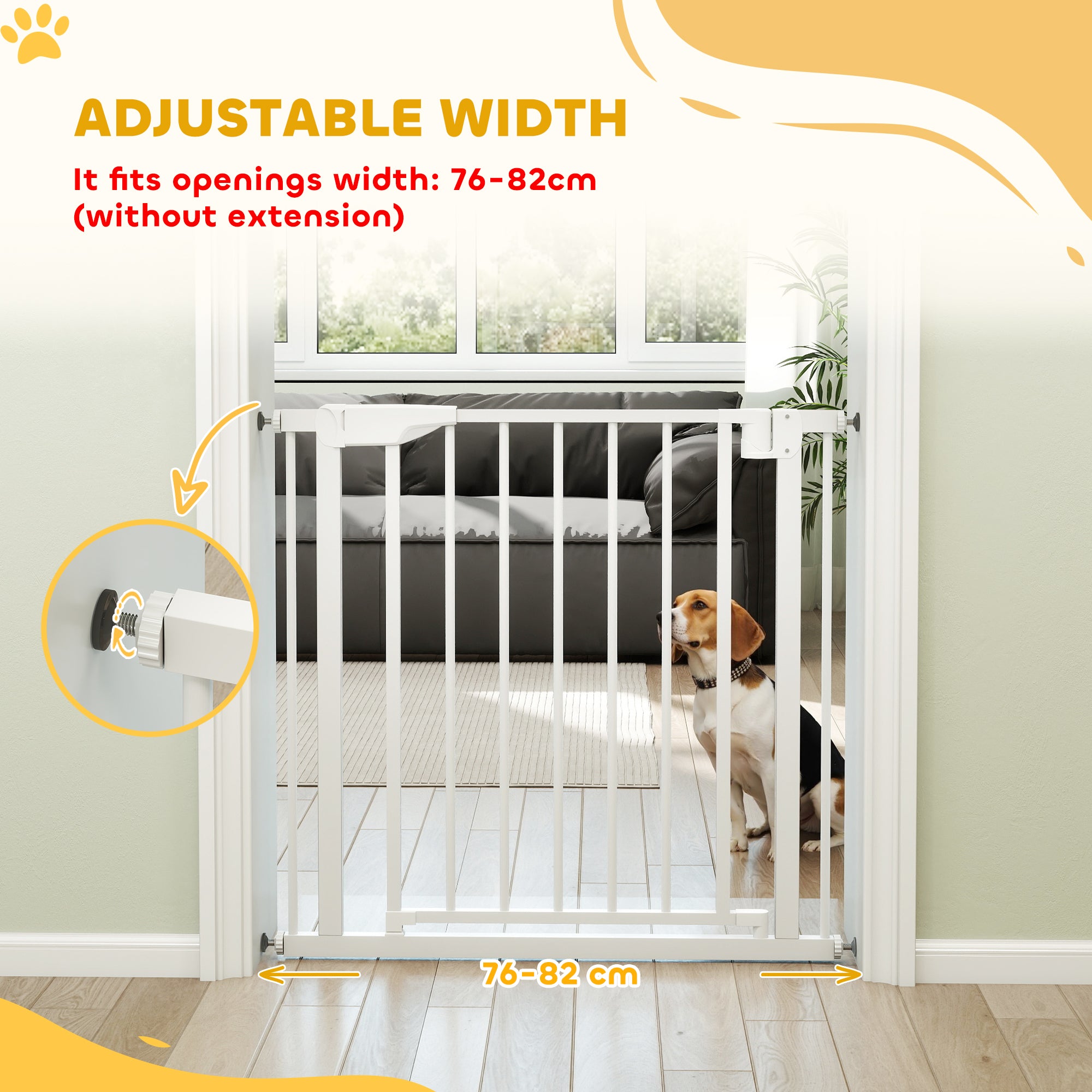 PawHut Baby Gate, Pet Safety Gate Pressure Fit, 76-82cm Wide with Two-Way Open, One-Hand Opening
